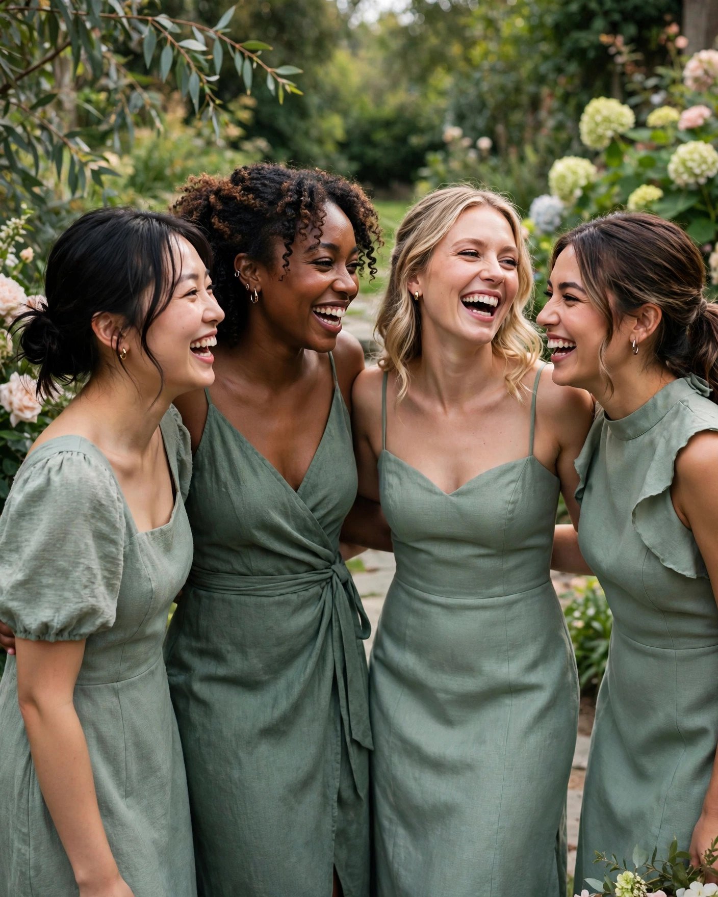 Bridesmaids in mismatched garden wedding dresses in shades of sage green
