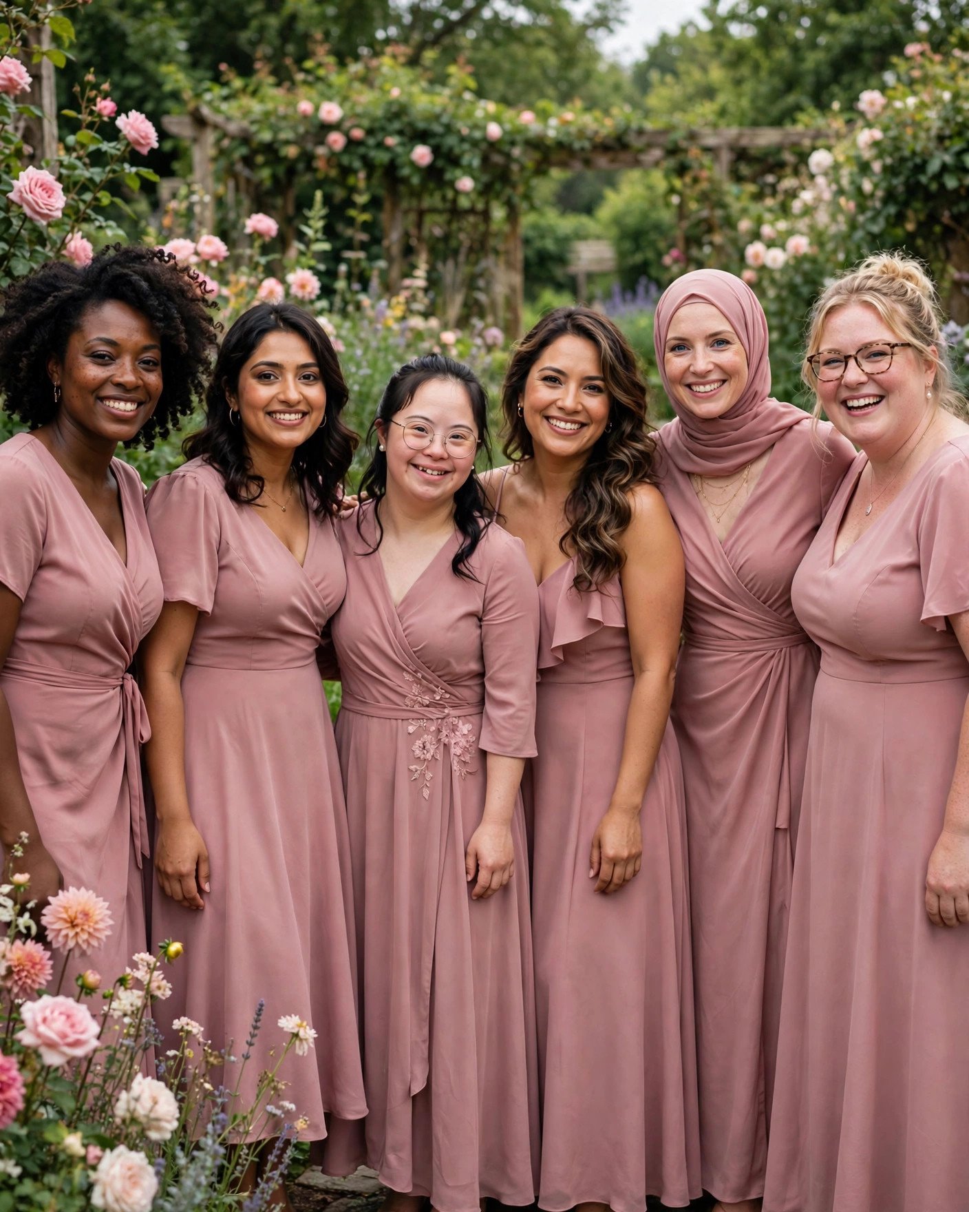 Diverse bridesmaids in flattering garden wedding dress silhouettes standing together