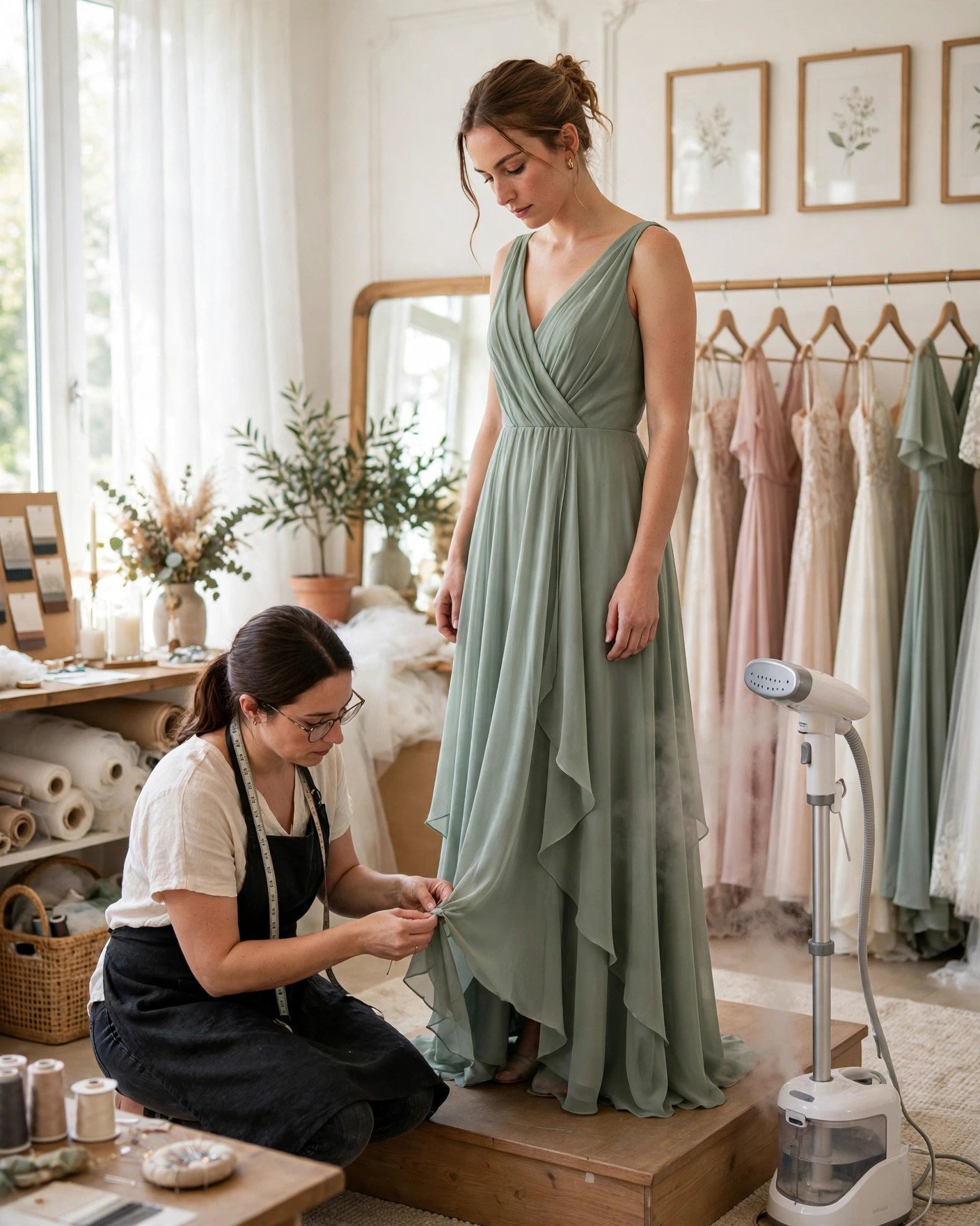 Bridesmaid dress fitting session with tailor for a garden wedding