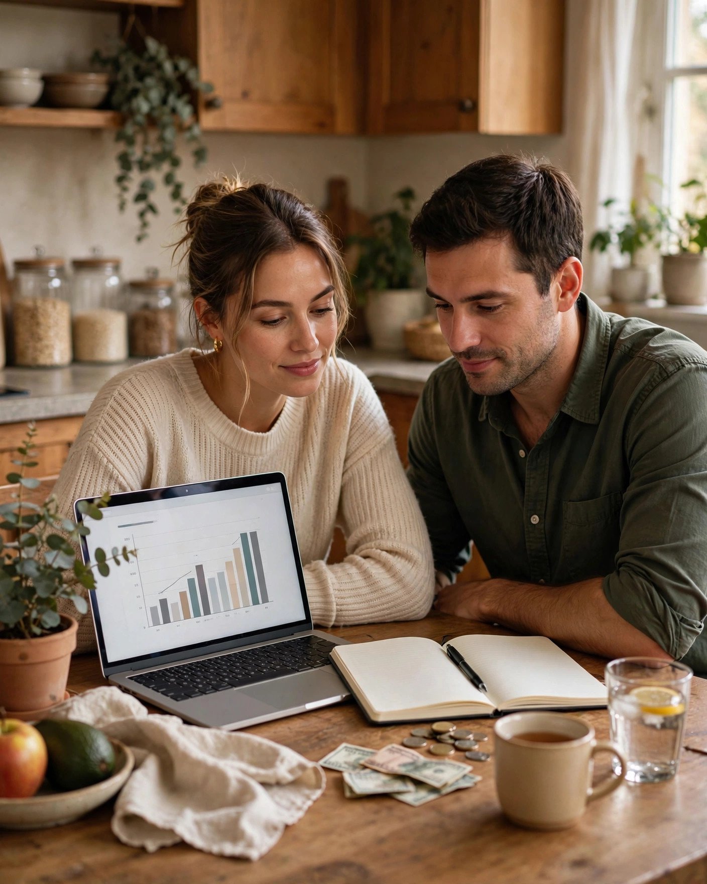 Couple calmly reviewing their budget and finances together at home