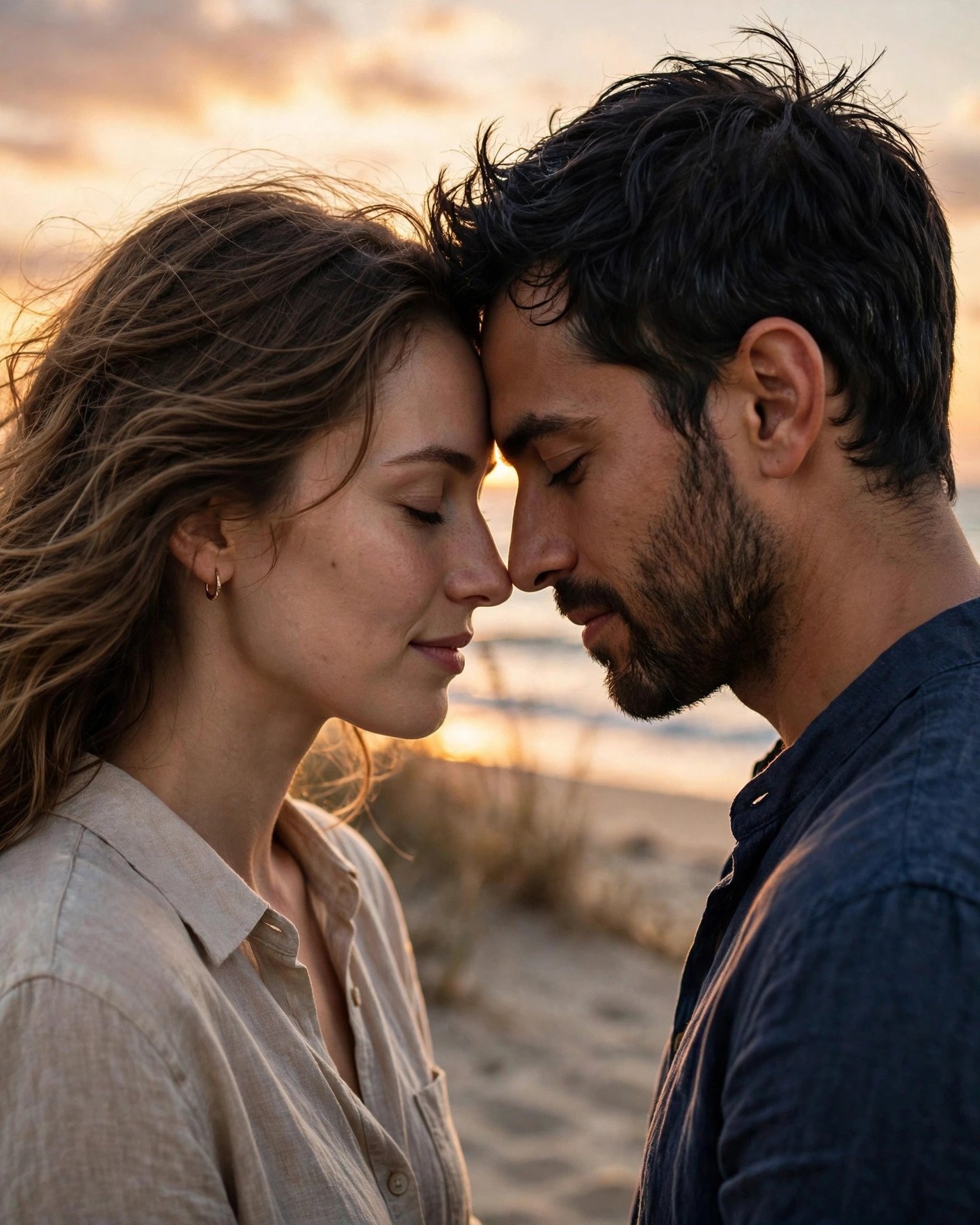 Romantic couple sharing a tender close moment together at sunset