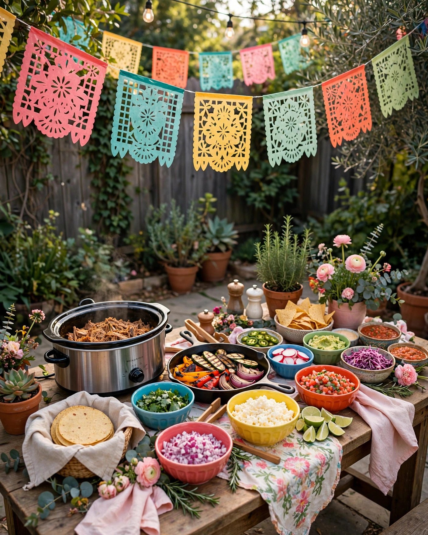 Colorful taco fiesta bridal shower with vibrant decorations and taco bar