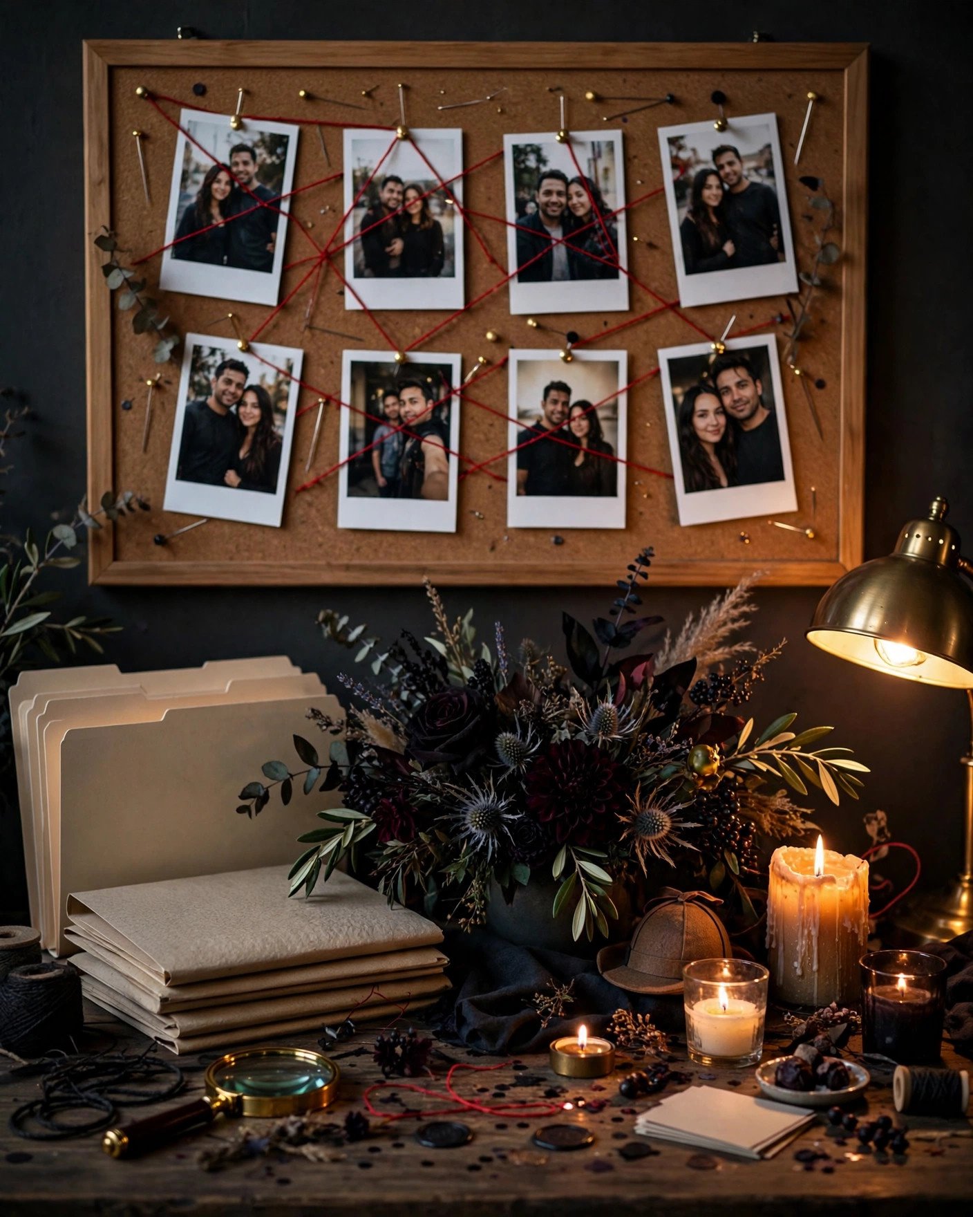 Cozy true crime podcast night bridal shower with moody lighting and detective decor