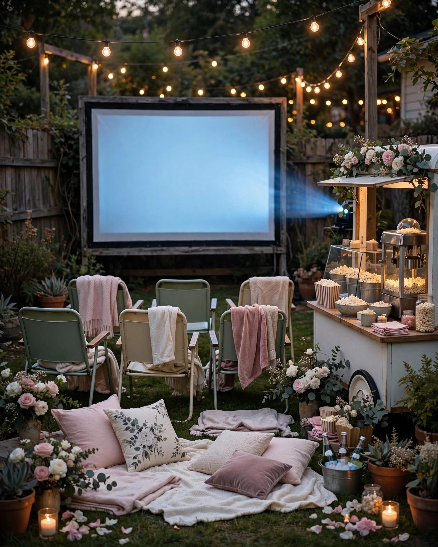 Retro drive-in movie bridal shower with projector screen and cozy car-style seating