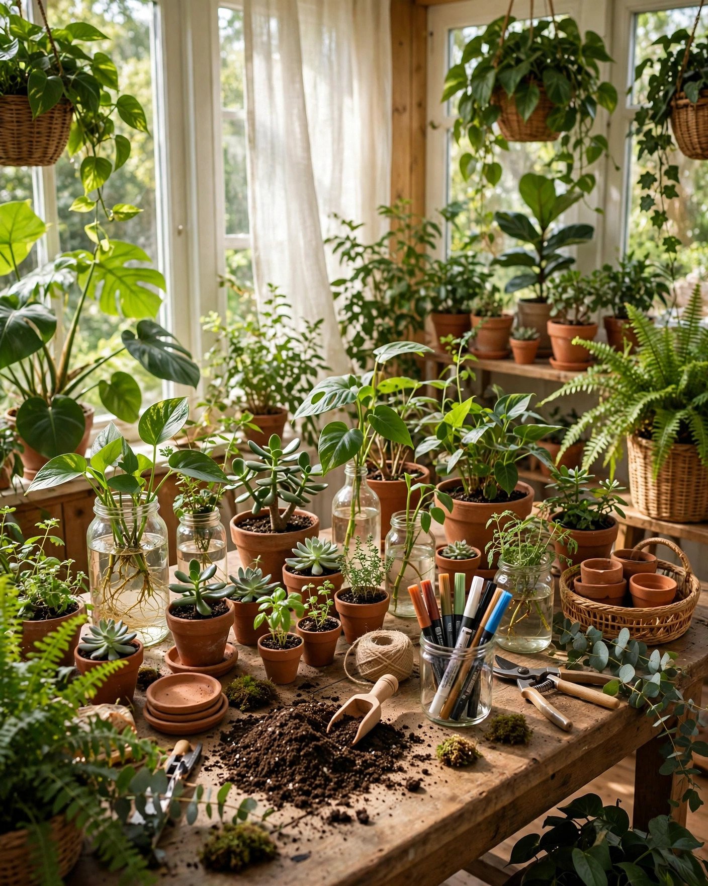 Plant swap bridal shower with guests potting plants and exchanging cuttings