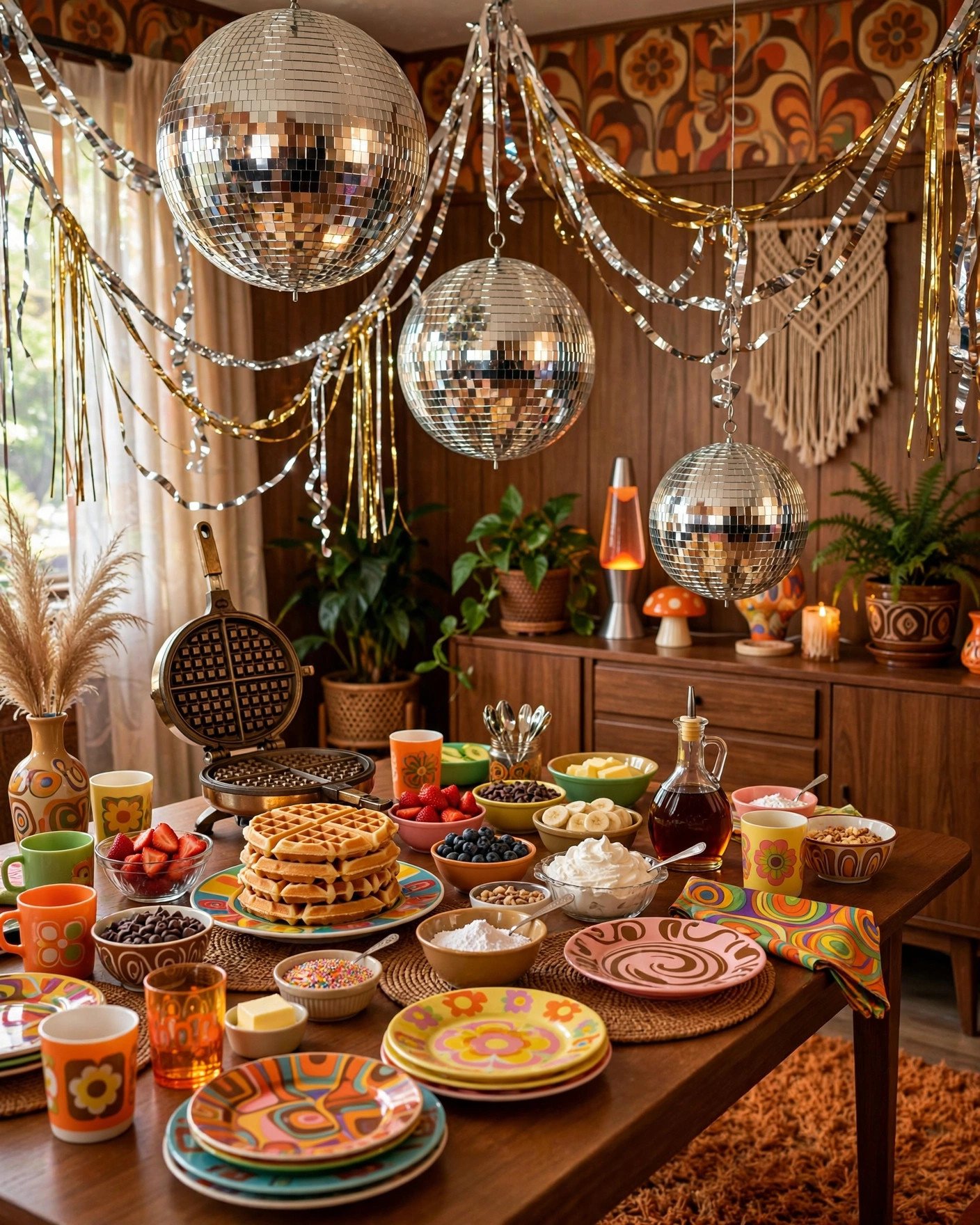 Disco brunch bridal shower with mirror balls and groovy 70s decorations