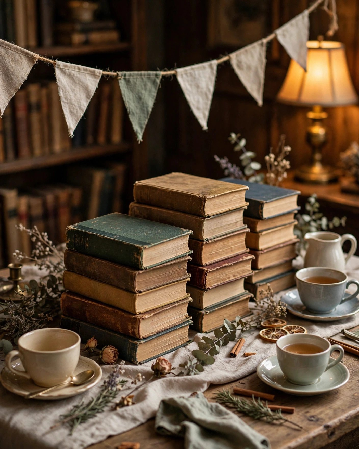 Vintage book club bridal shower with stacked books and literary decorations