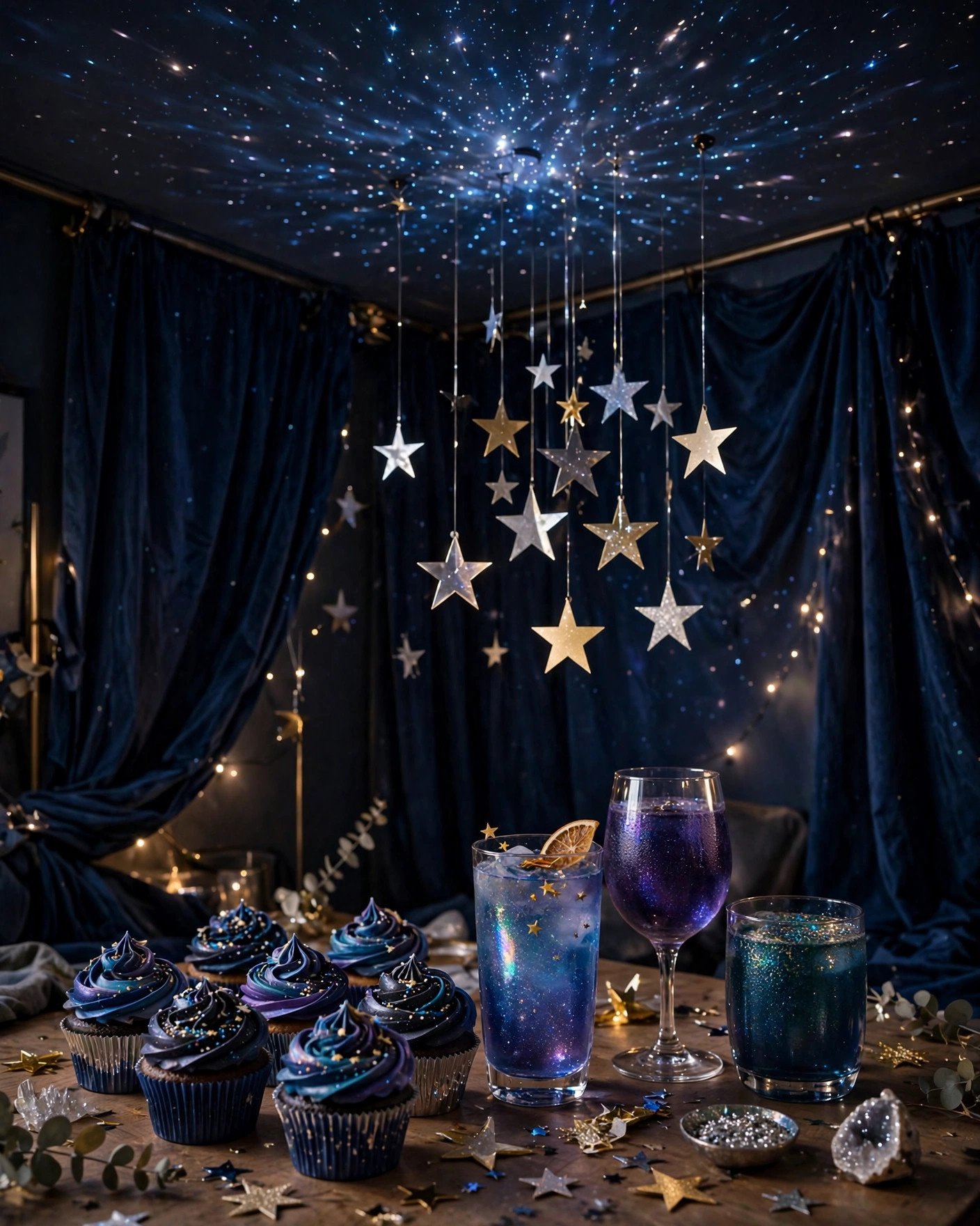 Galactic space bridal shower with starry decorations and cosmic purple lighting