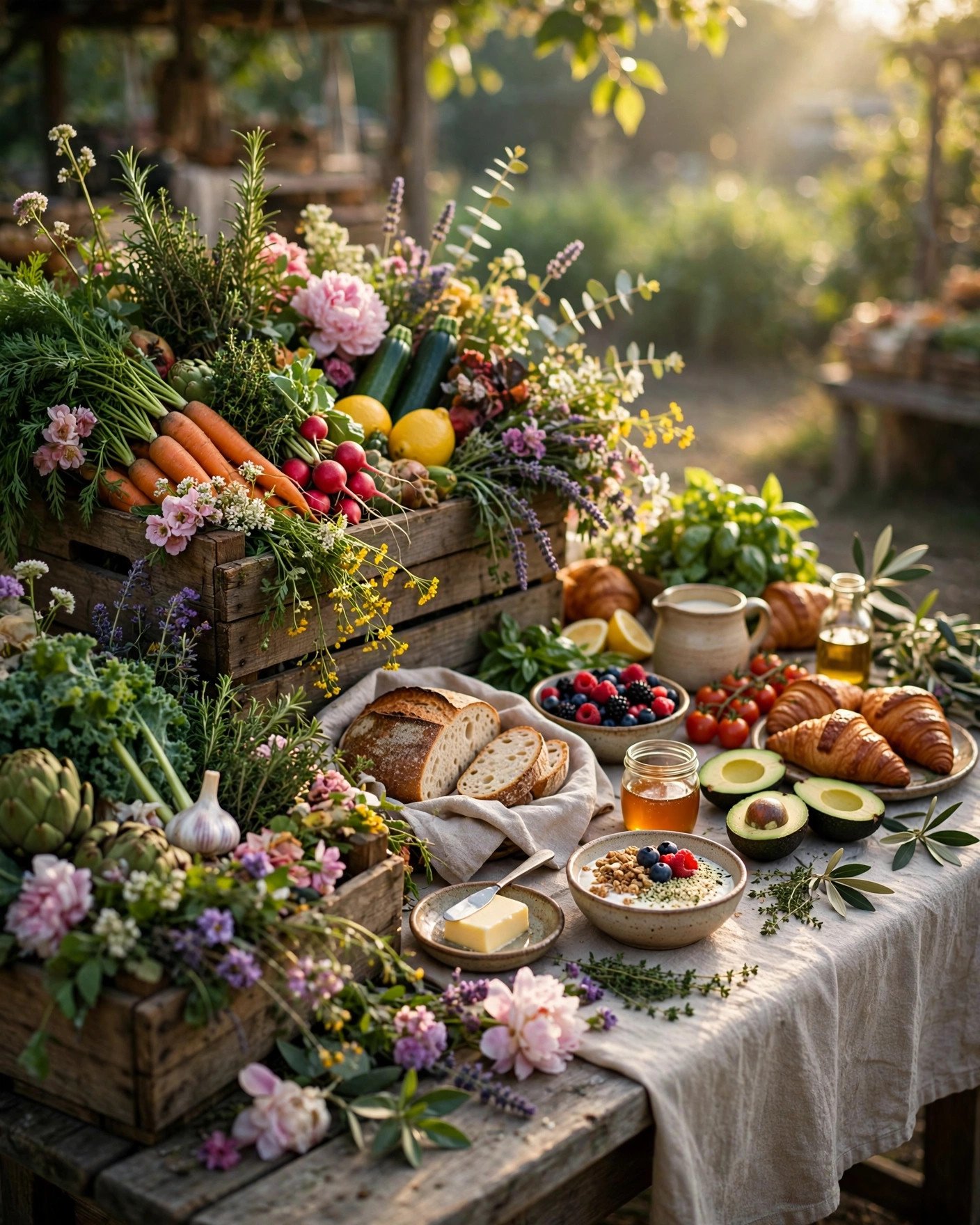 Farmers market brunch bridal shower with fresh produce and rustic wooden tables