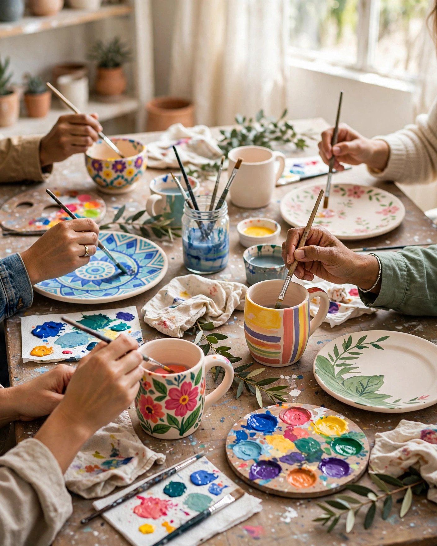 Bridal shower guests painting pottery at a creative pottery party