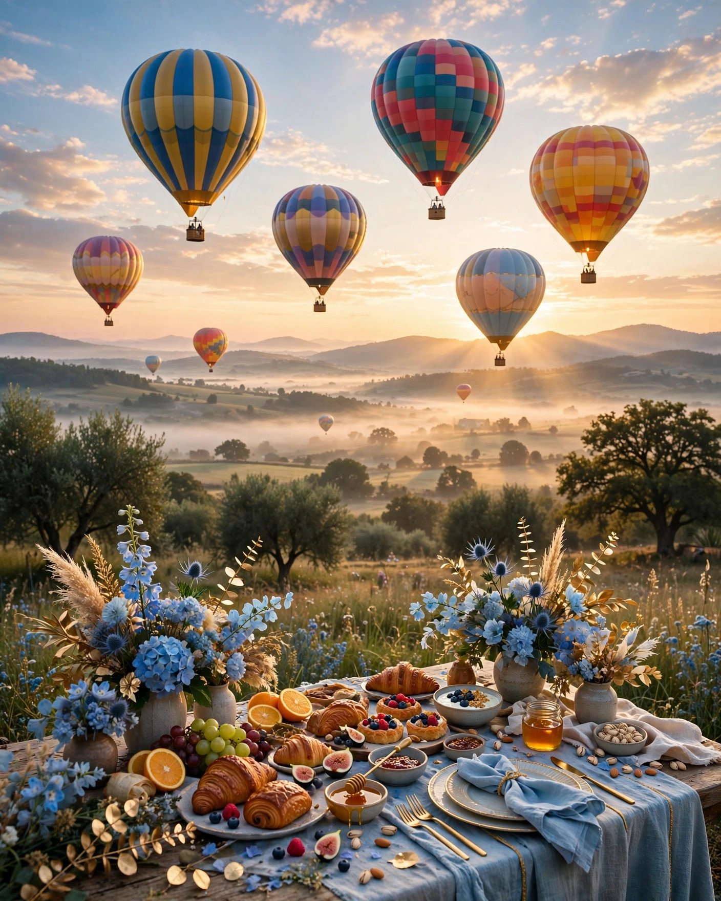 Hot air balloons at sunrise over a bridal shower brunch setup