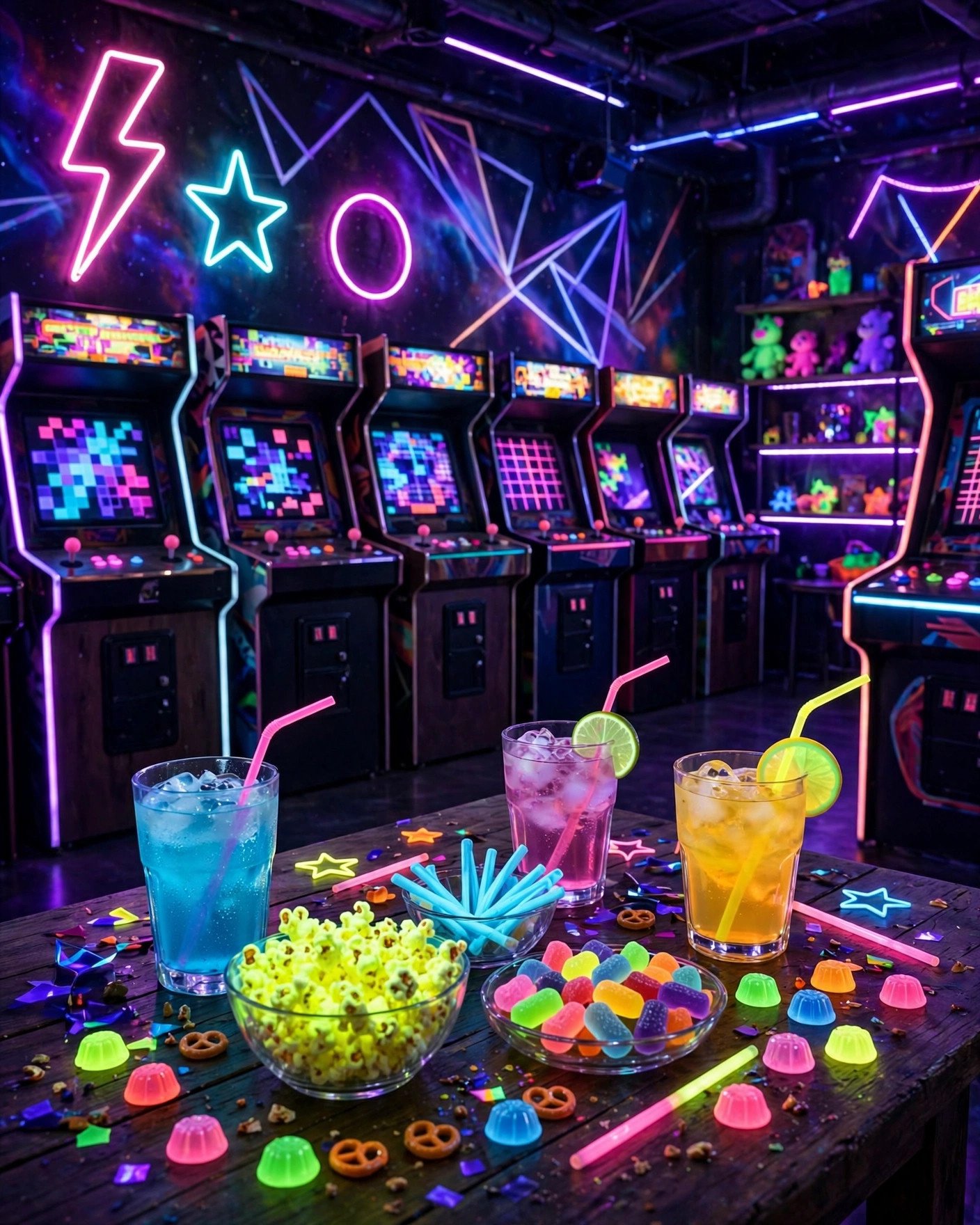 Neon arcade game night bridal shower with retro games and glowing decorations