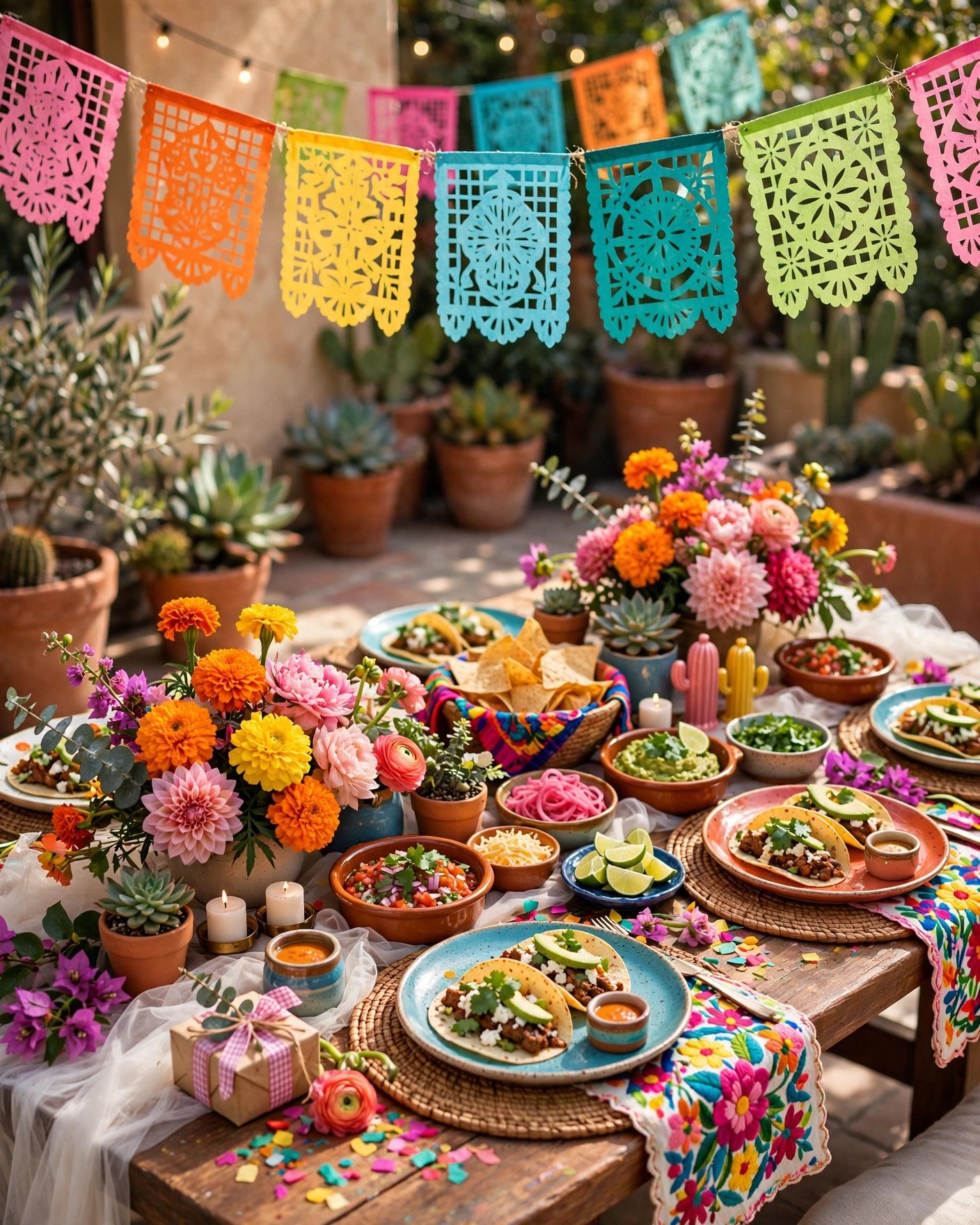 Colorful quirky bridal shower setup with taco fiesta decorations and fun details