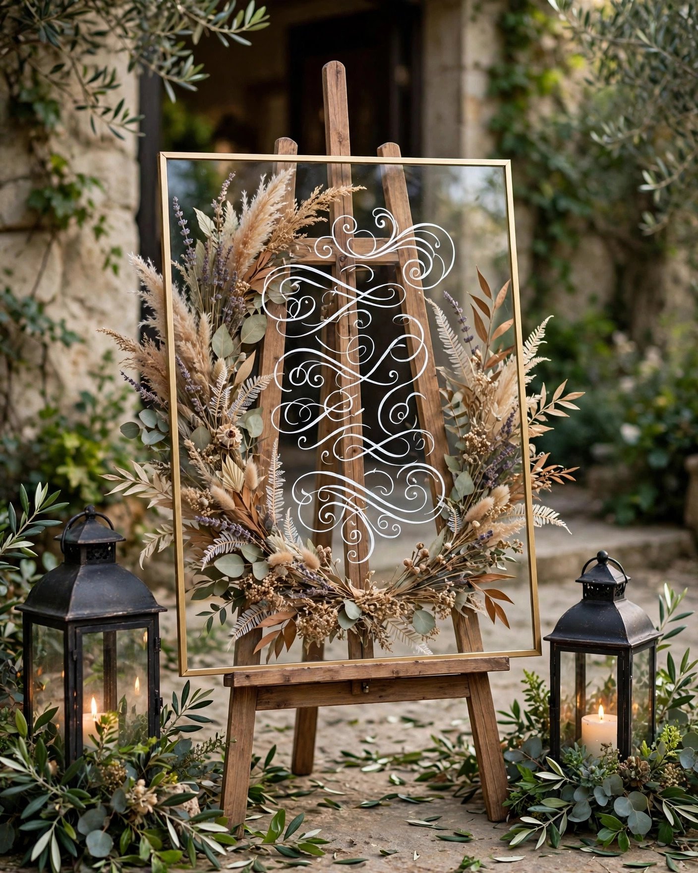 Elegant wedding welcome sign in an IKEA glass frame with calligraphy