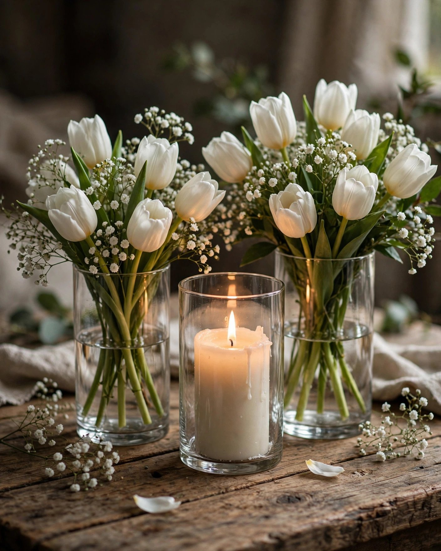 Boutique-style wedding centerpiece with IKEA glass vases, white flowers and candle