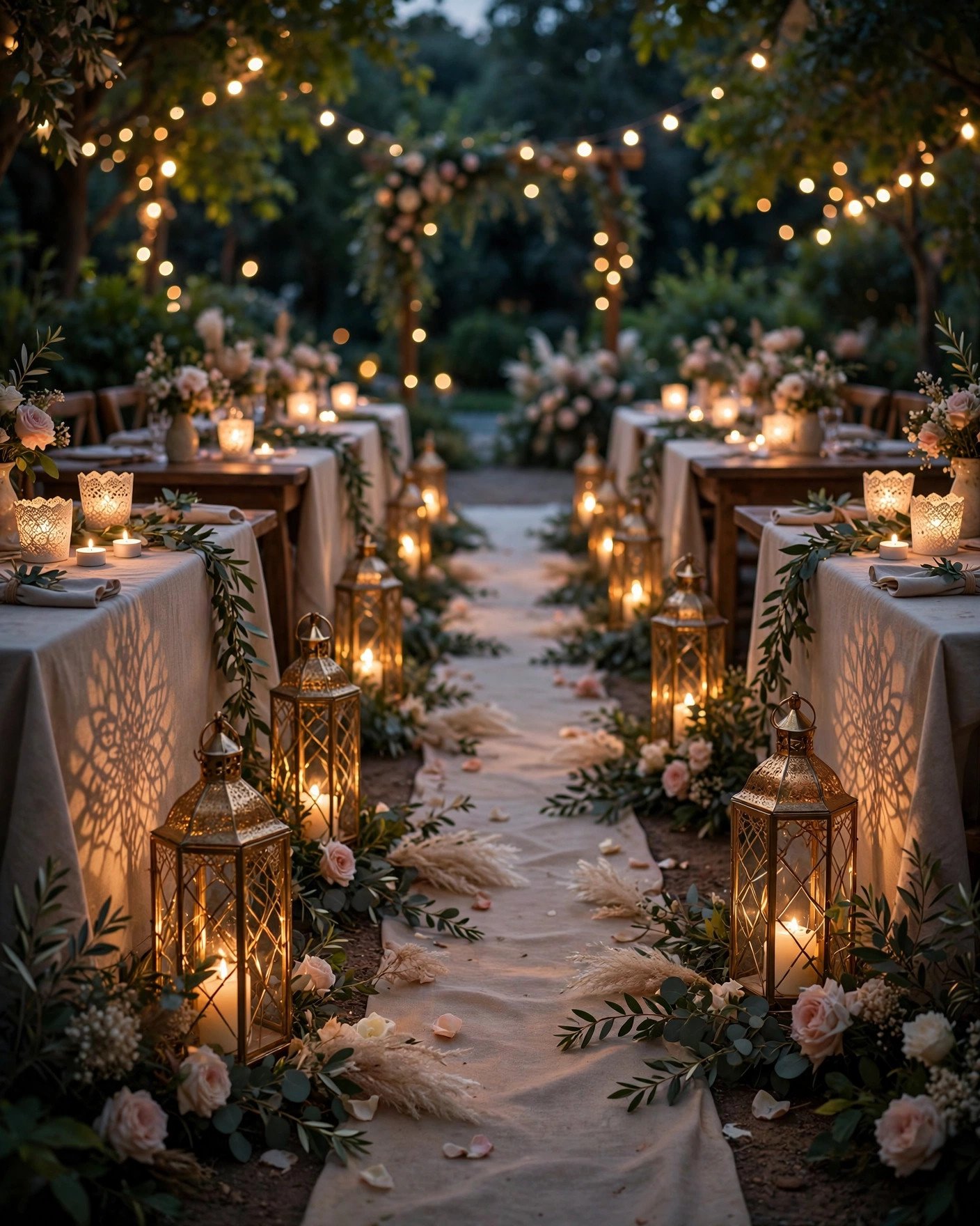Romantic wedding lighting with IKEA lanterns and tea light holders glowing