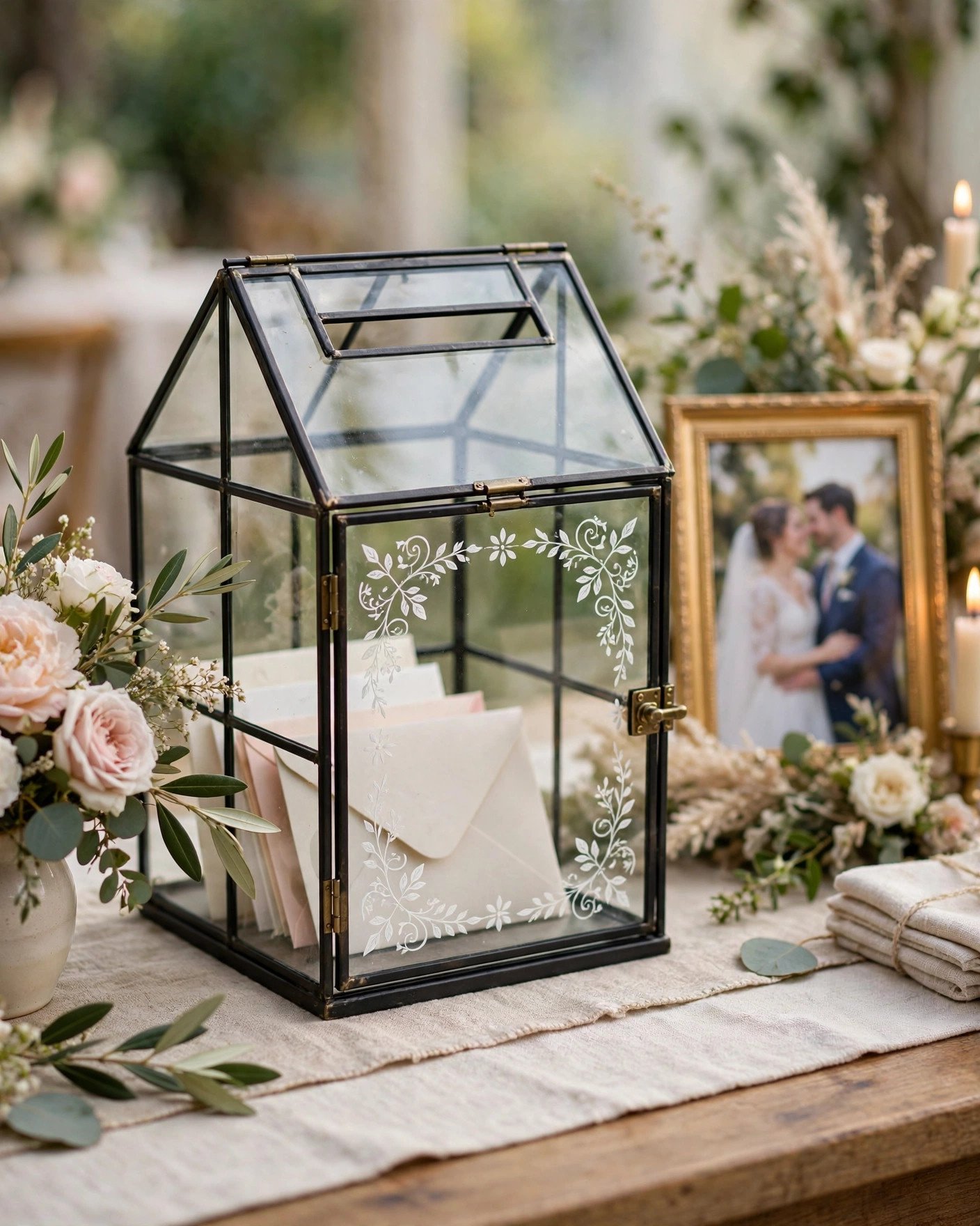 Glass greenhouse used as an elegant wedding card box with calligraphy
