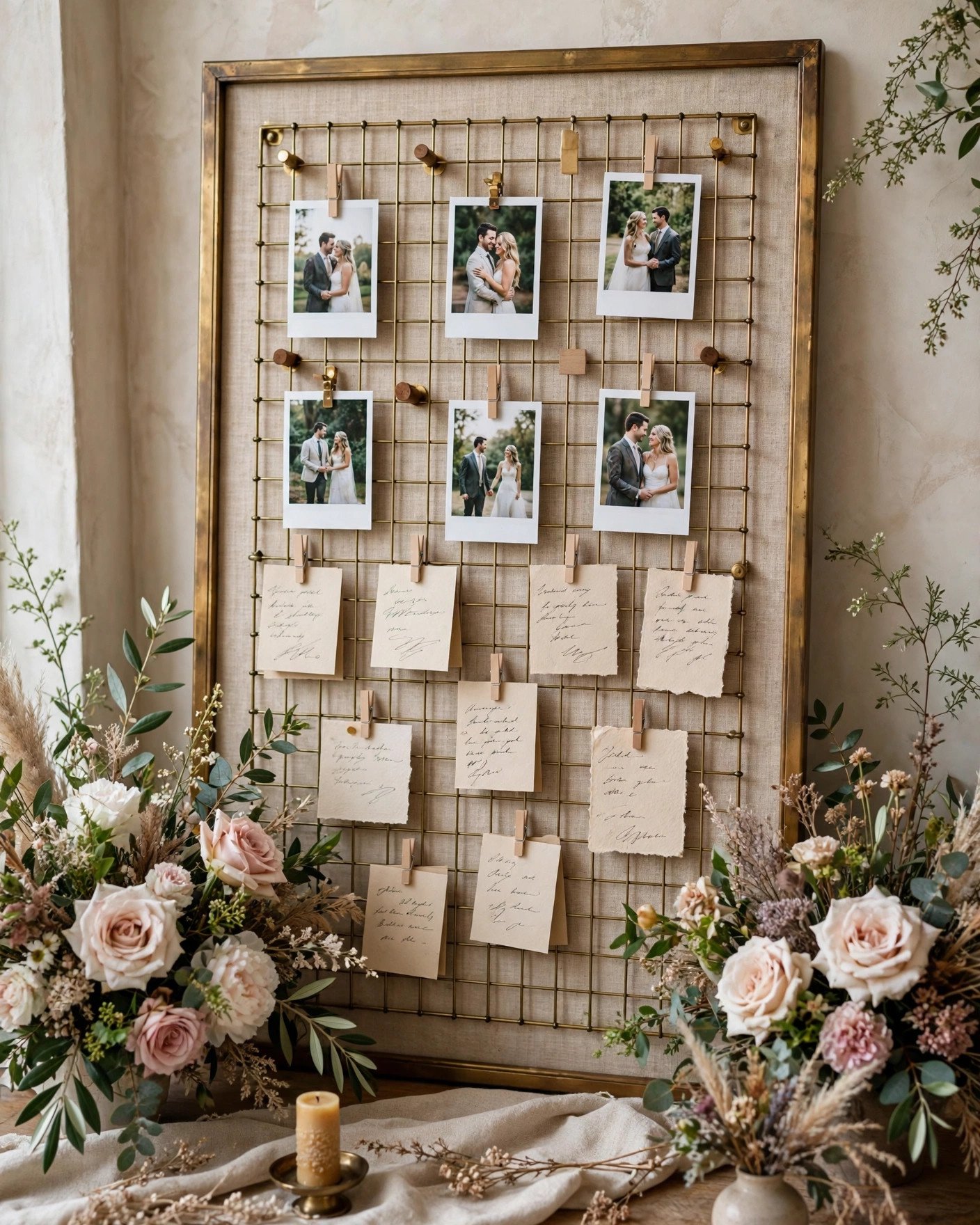 Brass memo board used as a wedding guest message display with photos