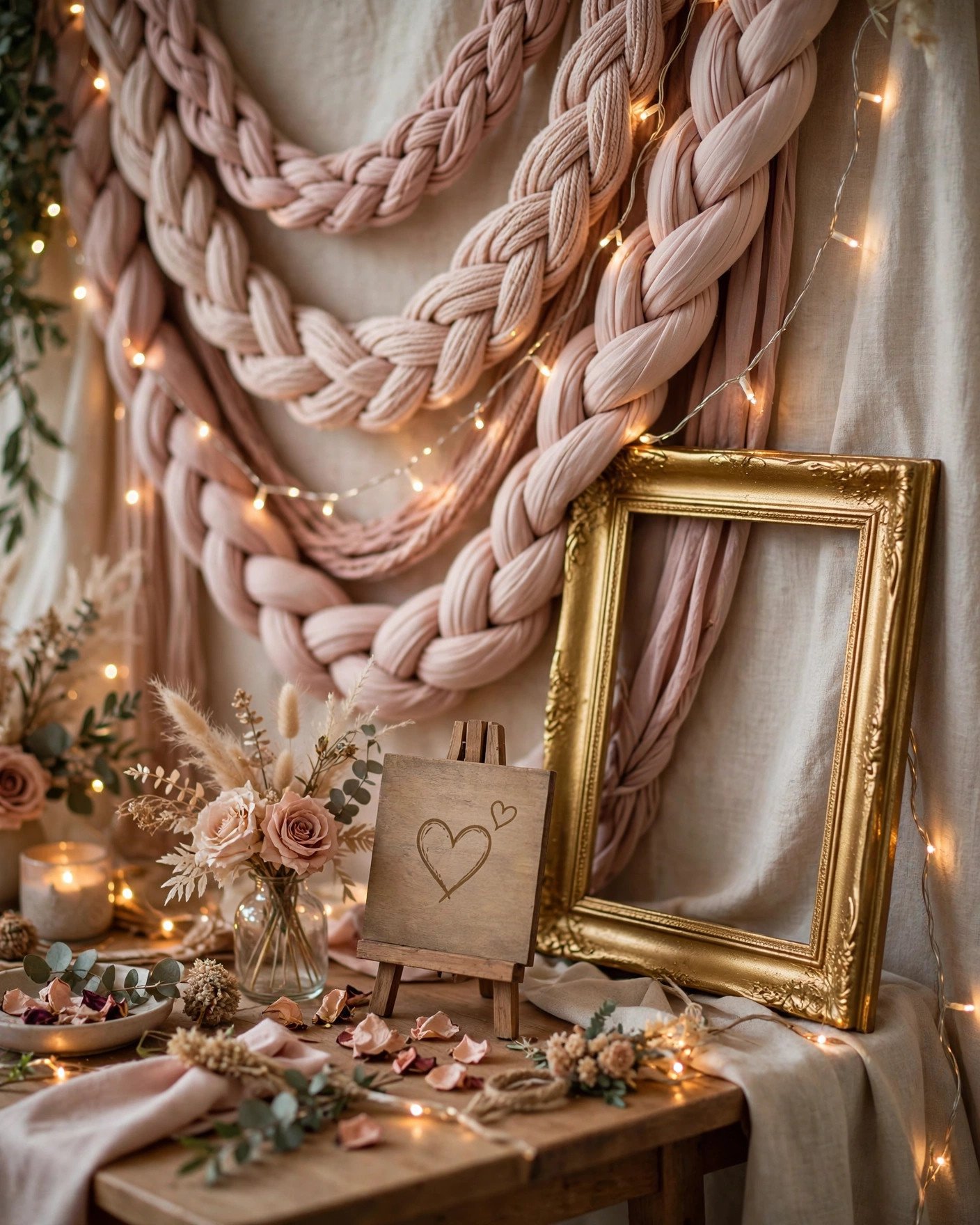 DIY wedding photo booth corner with IKEA fabric backdrop and gold frame props
