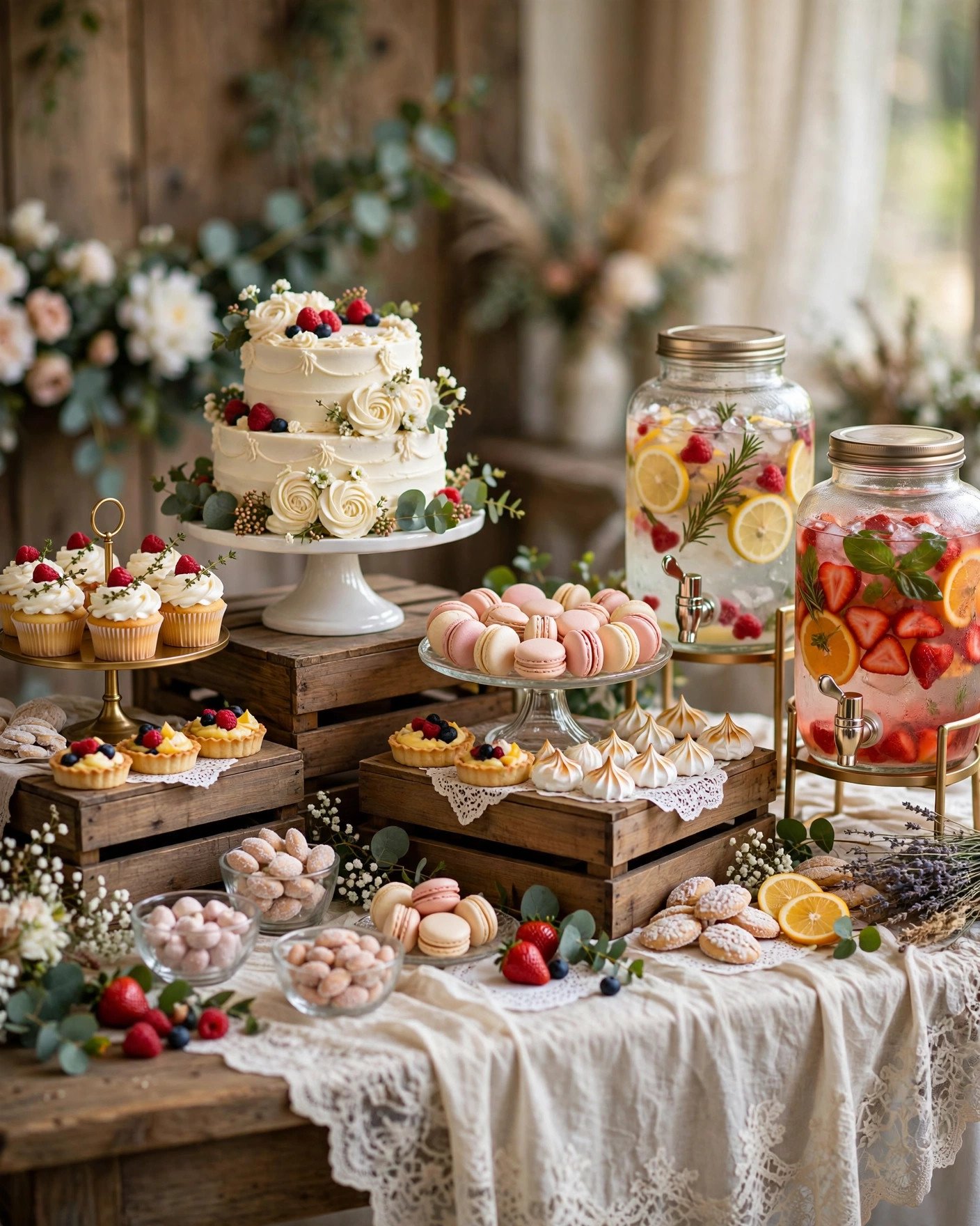Wedding dessert table styled with IKEA cake stands and glass dispensers