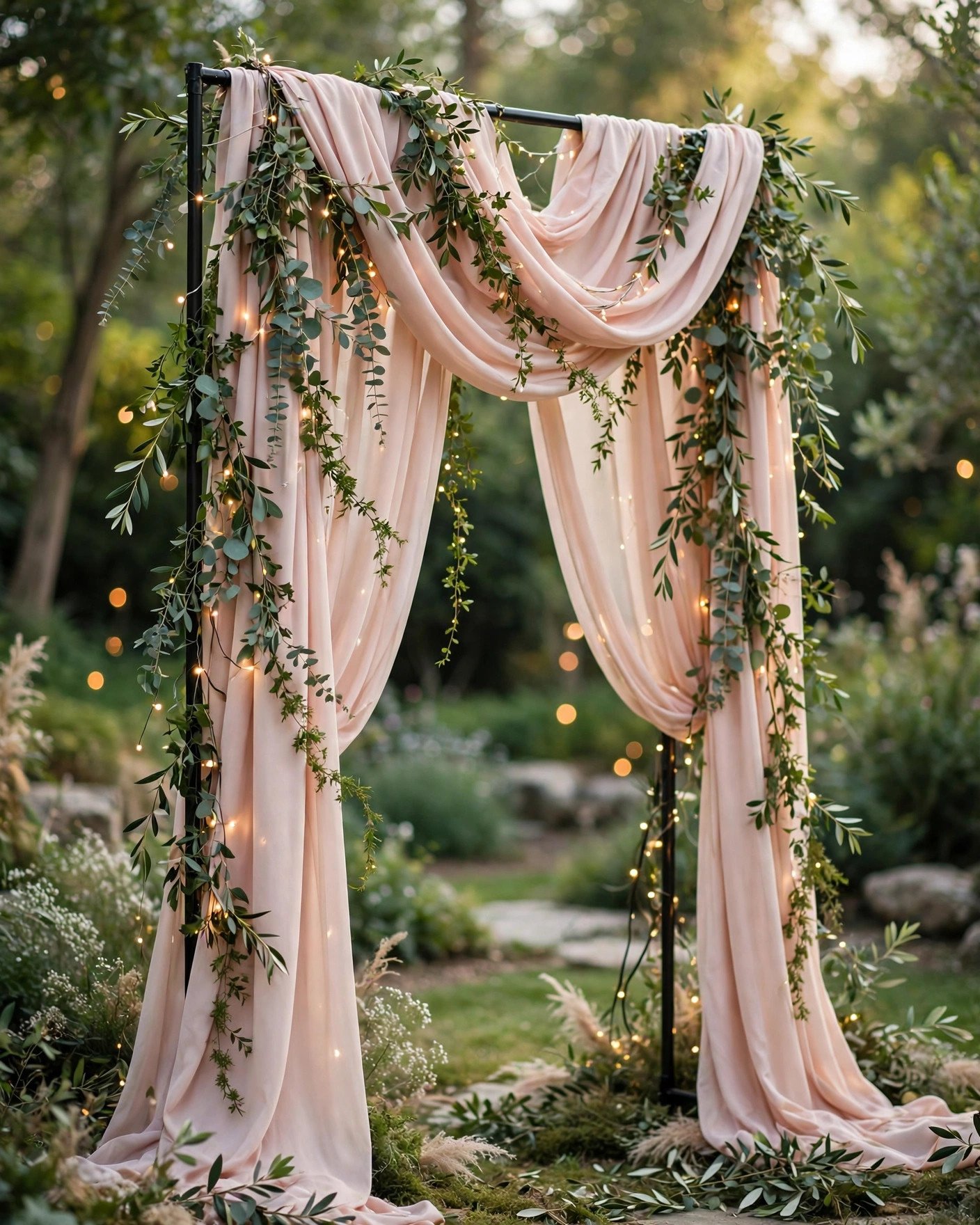 Wedding ceremony backdrop made from IKEA fabric draped on a curtain rail with greenery
