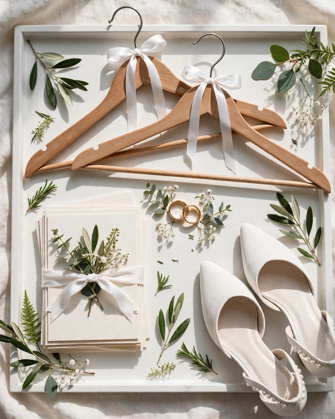 Personalized wooden hangers and wedding details styled on an IKEA tray