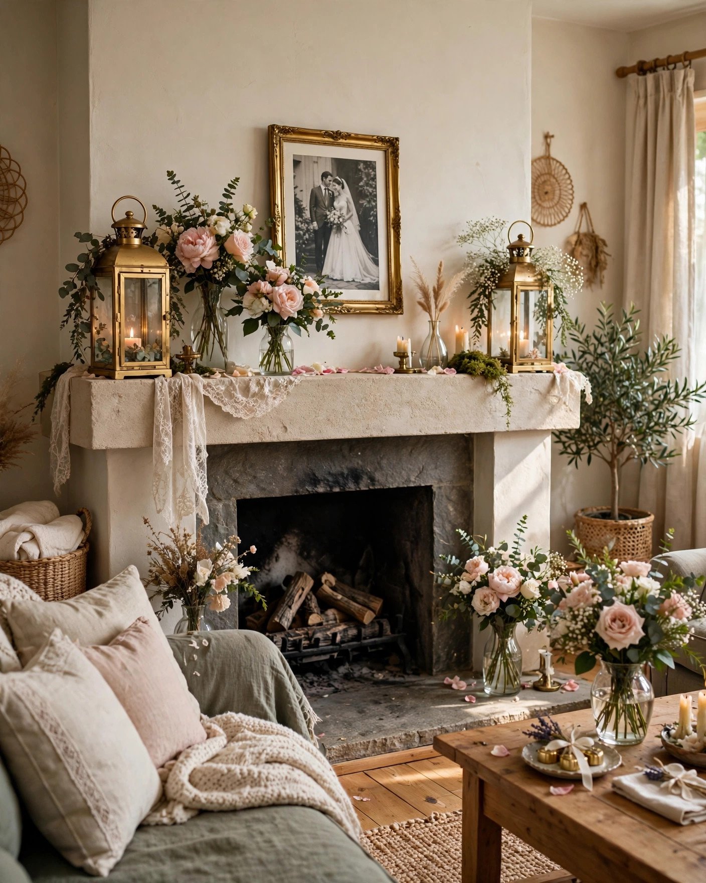 IKEA lanterns and vases reused as cozy home decor after the wedding