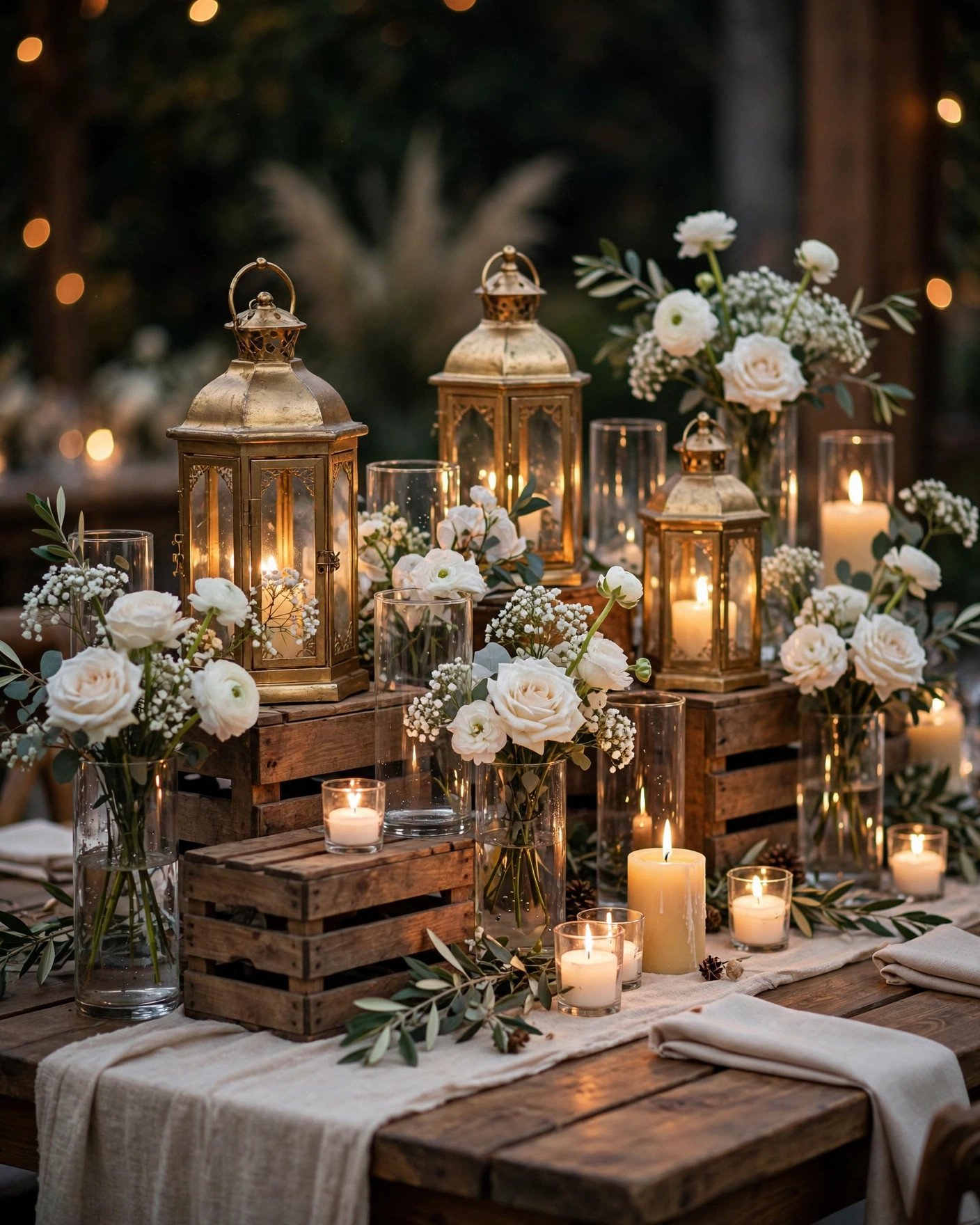 Elegant wedding table styled with IKEA lanterns, vases and gold accents