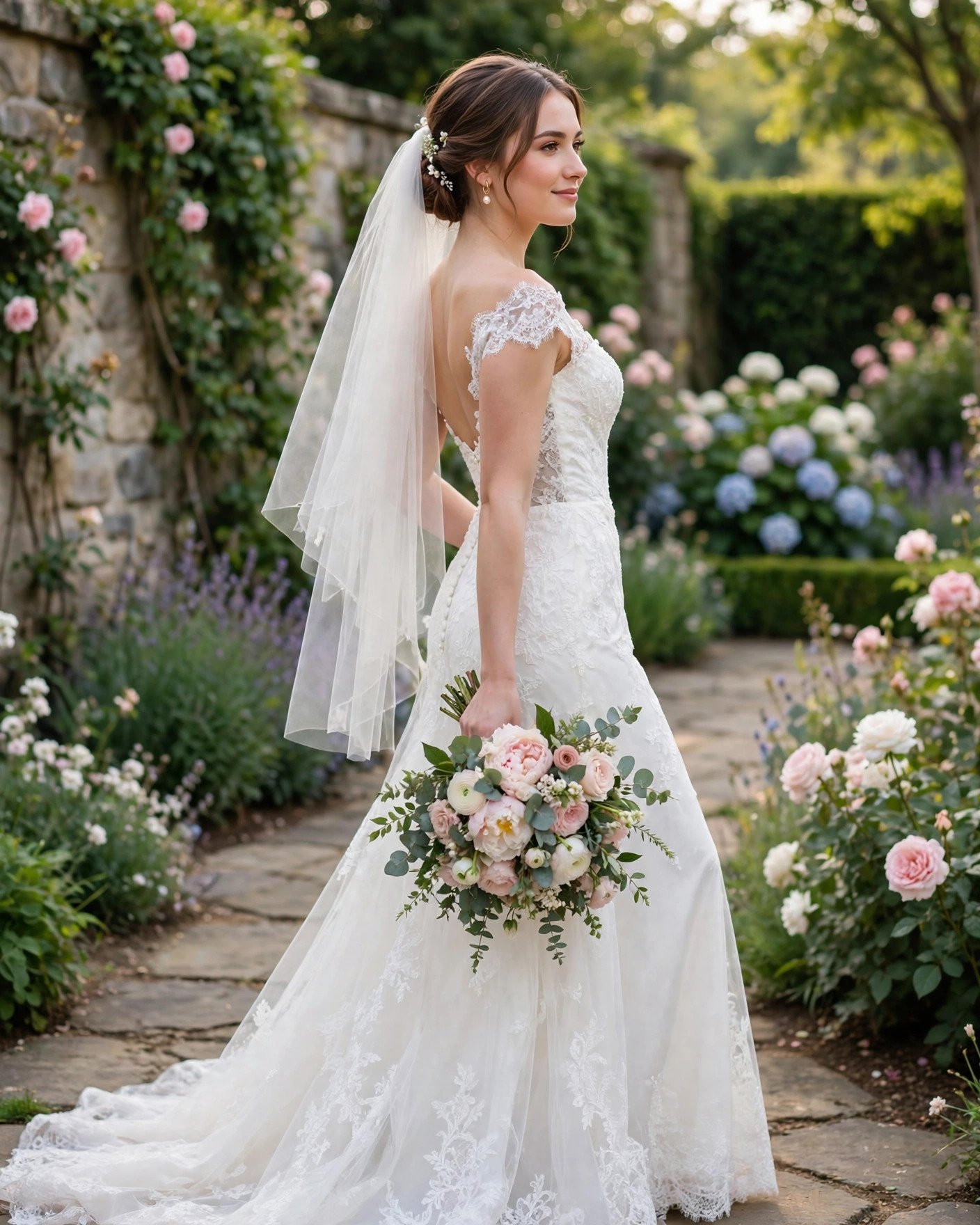 Bride angling her body at 45 degrees for a flattering wedding portrait