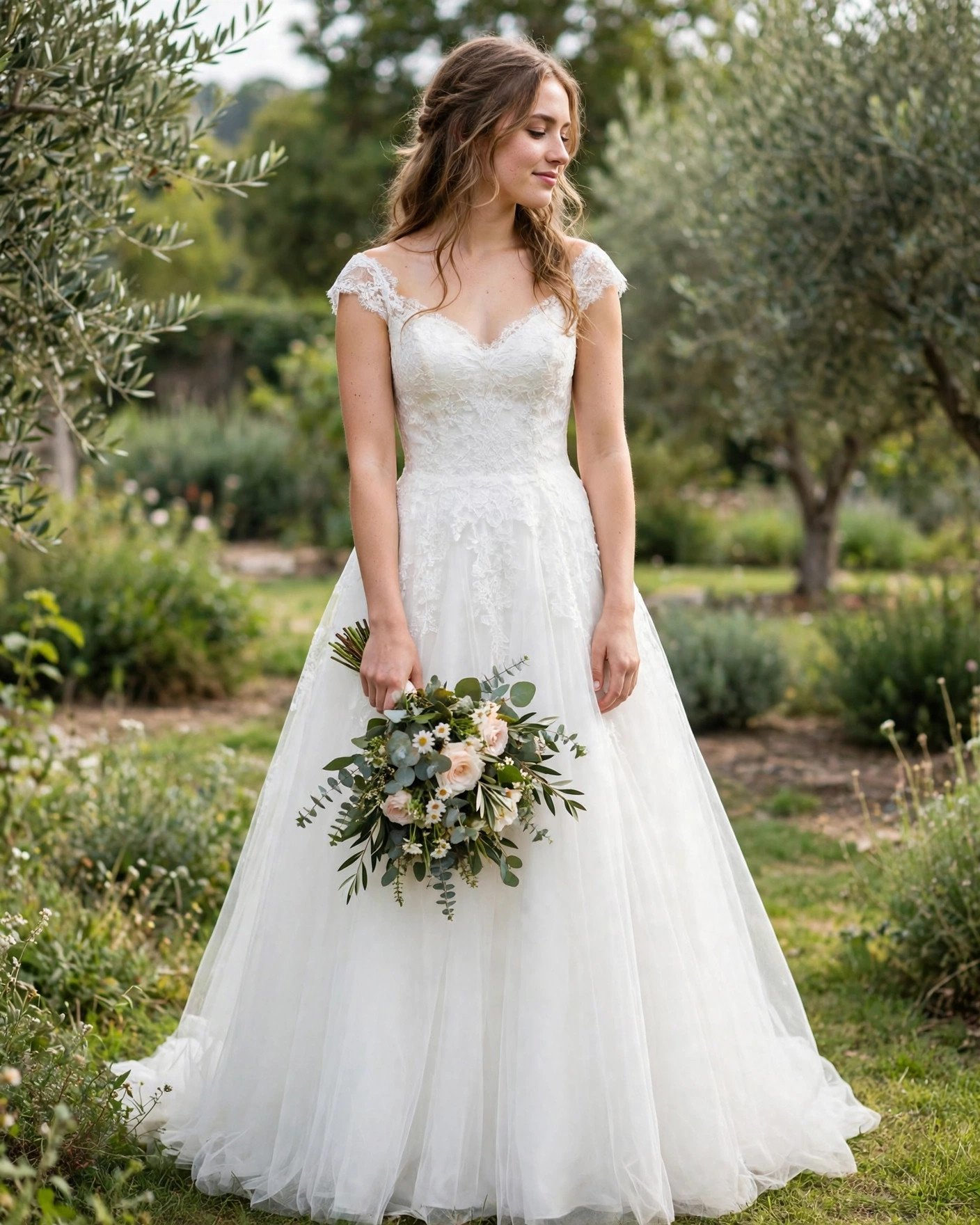Bride holding her bouquet low at waist level during portraits