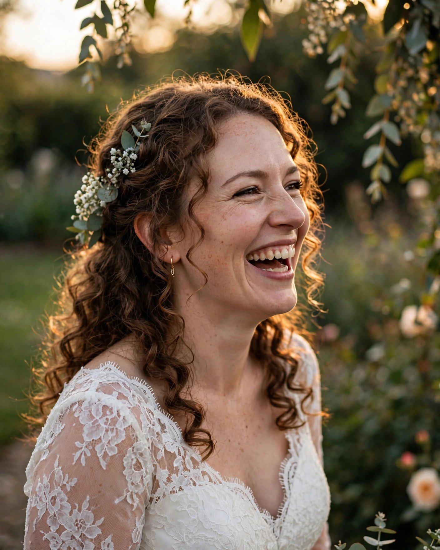 Bride laughing naturally with a genuine joyful smile in wedding photos