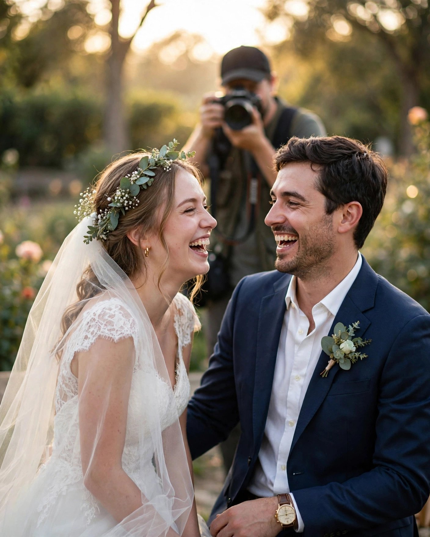 Bride and groom laughing together naturally during wedding photography