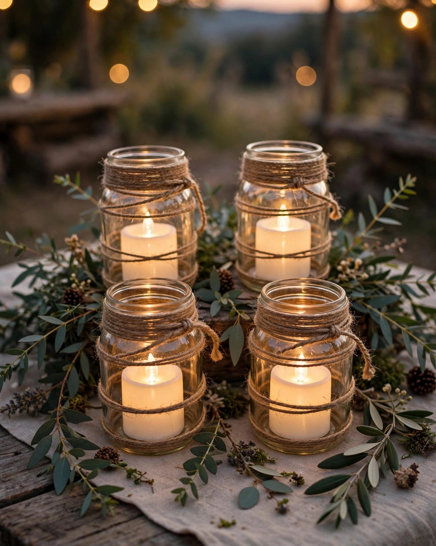 Mason jar lanterns with LED candles and twine as wedding centerpieces
