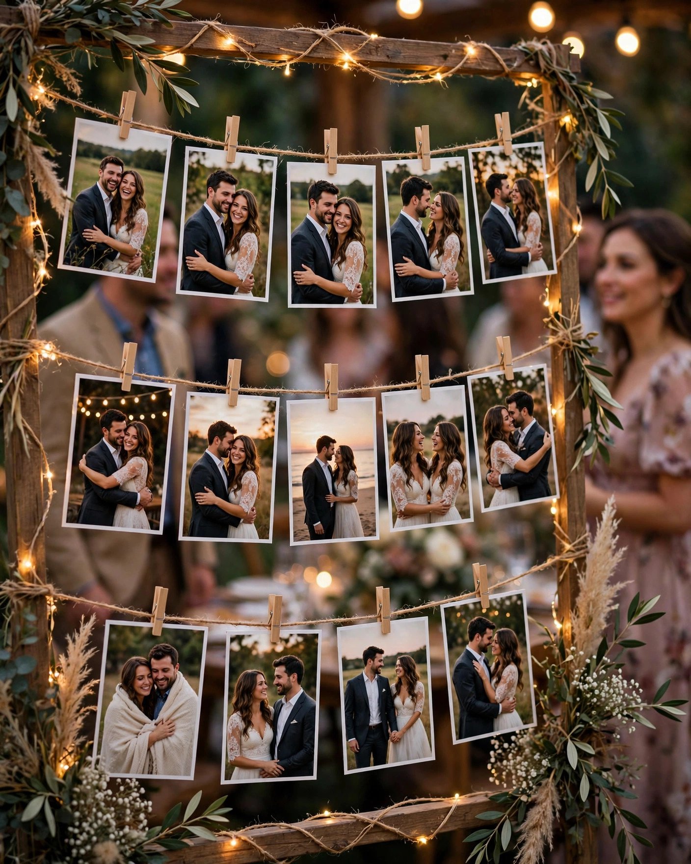 Photo clothesline memory wall with couple photos clipped on twine with fairy lights