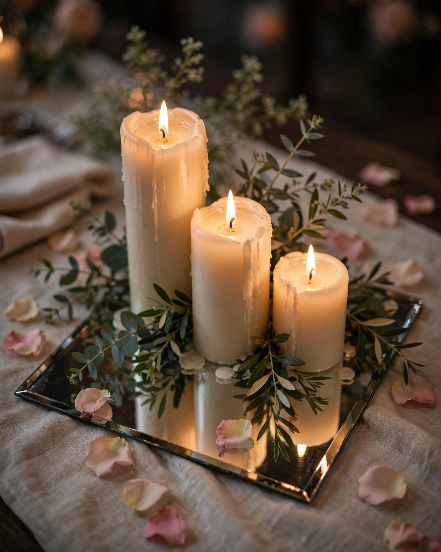 Cluster of pillar candles with greenery as an elegant wedding table setting