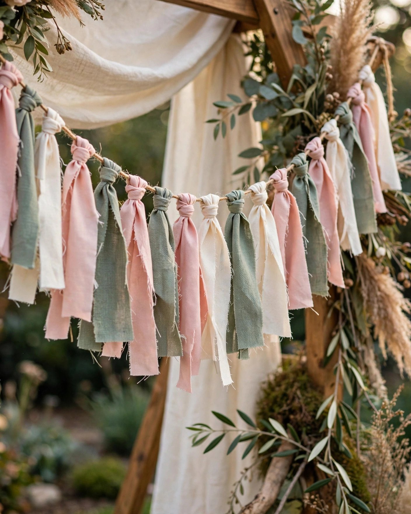 Colorful fabric scrap garland hanging as wedding decoration