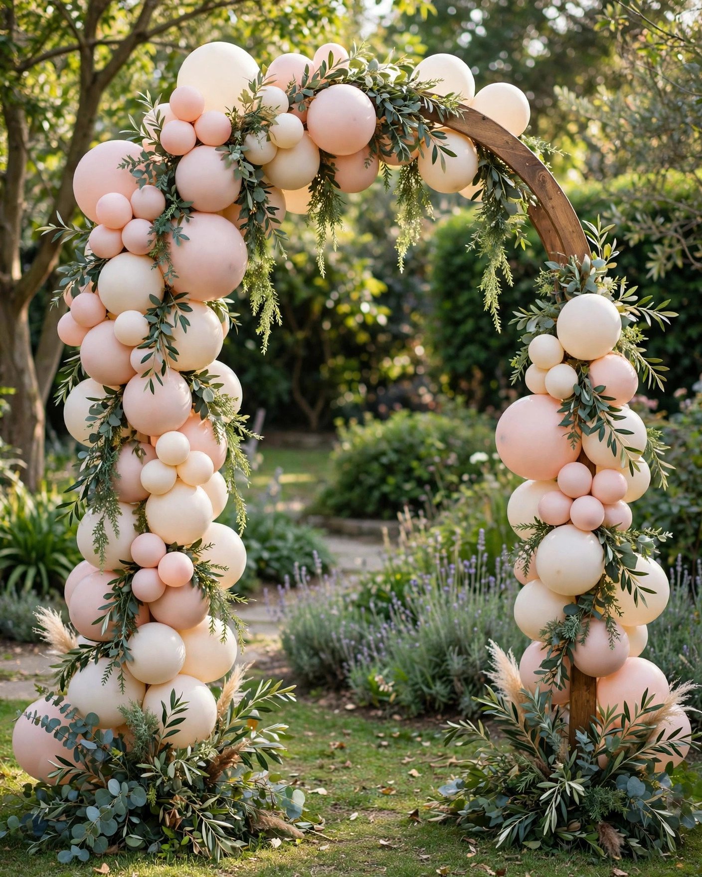 DIY balloon and greenery arch in wedding colors as a ceremony backdrop