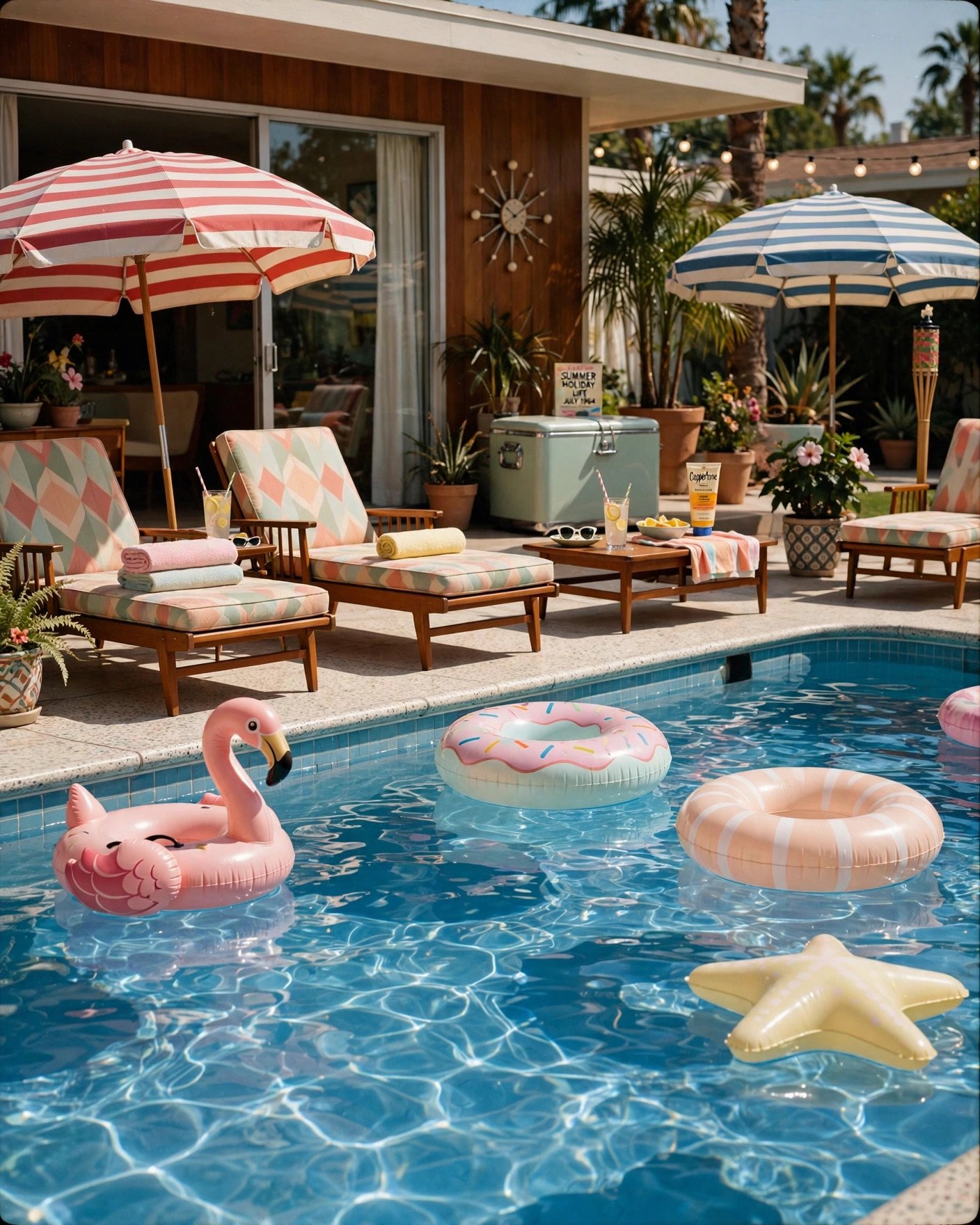 Retro poolside bridal shower with vintage umbrellas and pastel floats