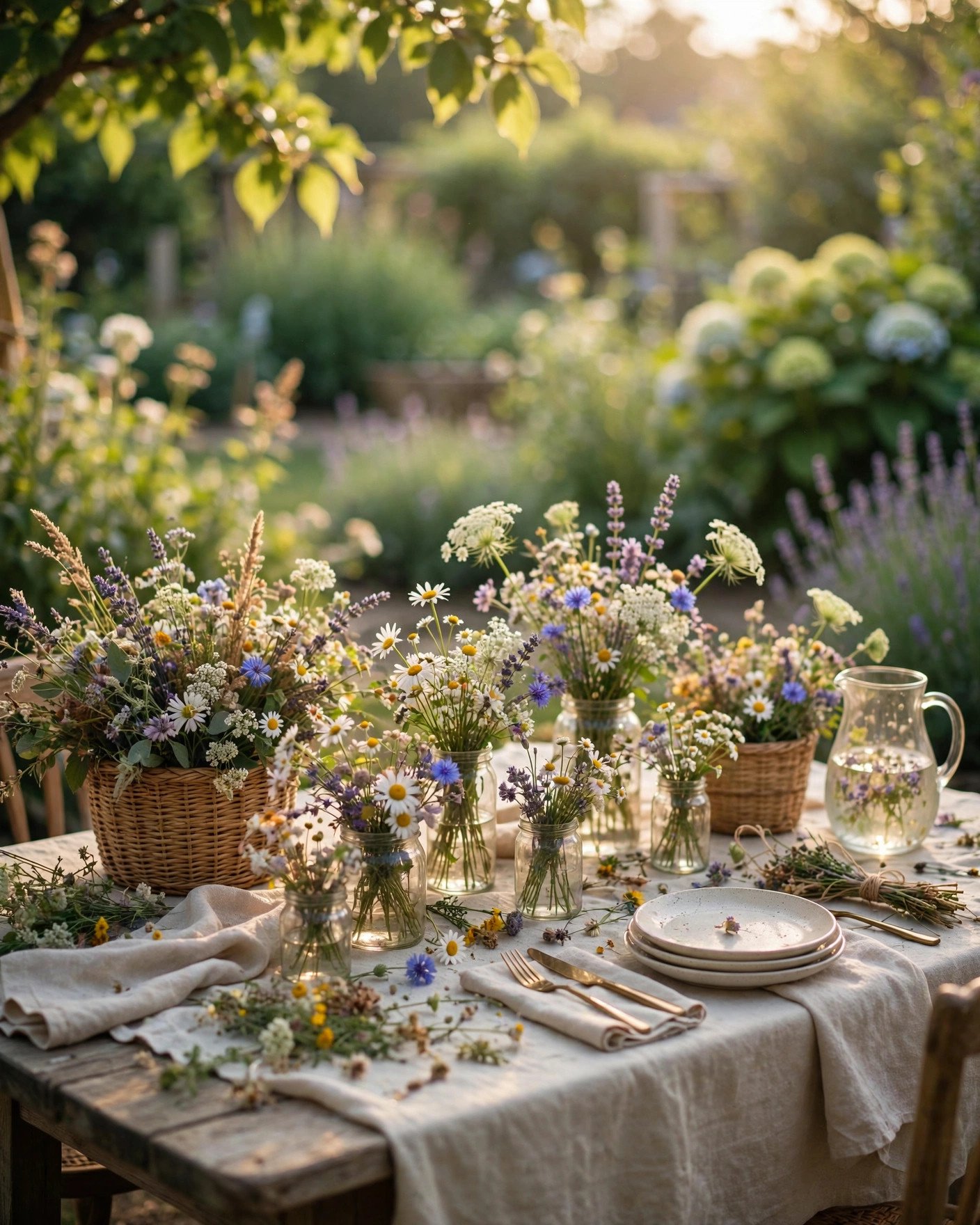 Wildflower garden bridal shower with loose blooms in jars on a long table
