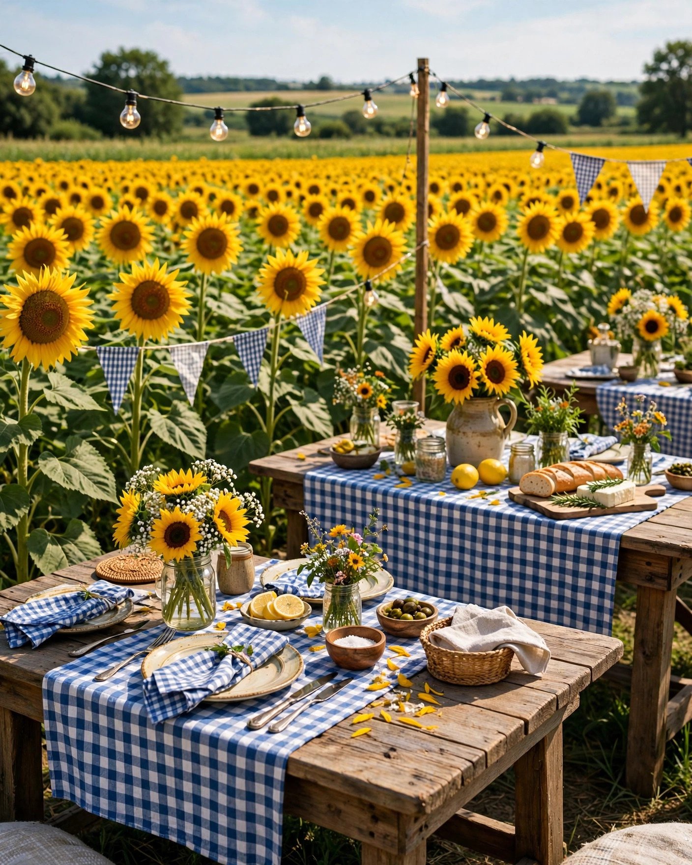 Sunflower field bridal shower party with golden blooms and rustic tables