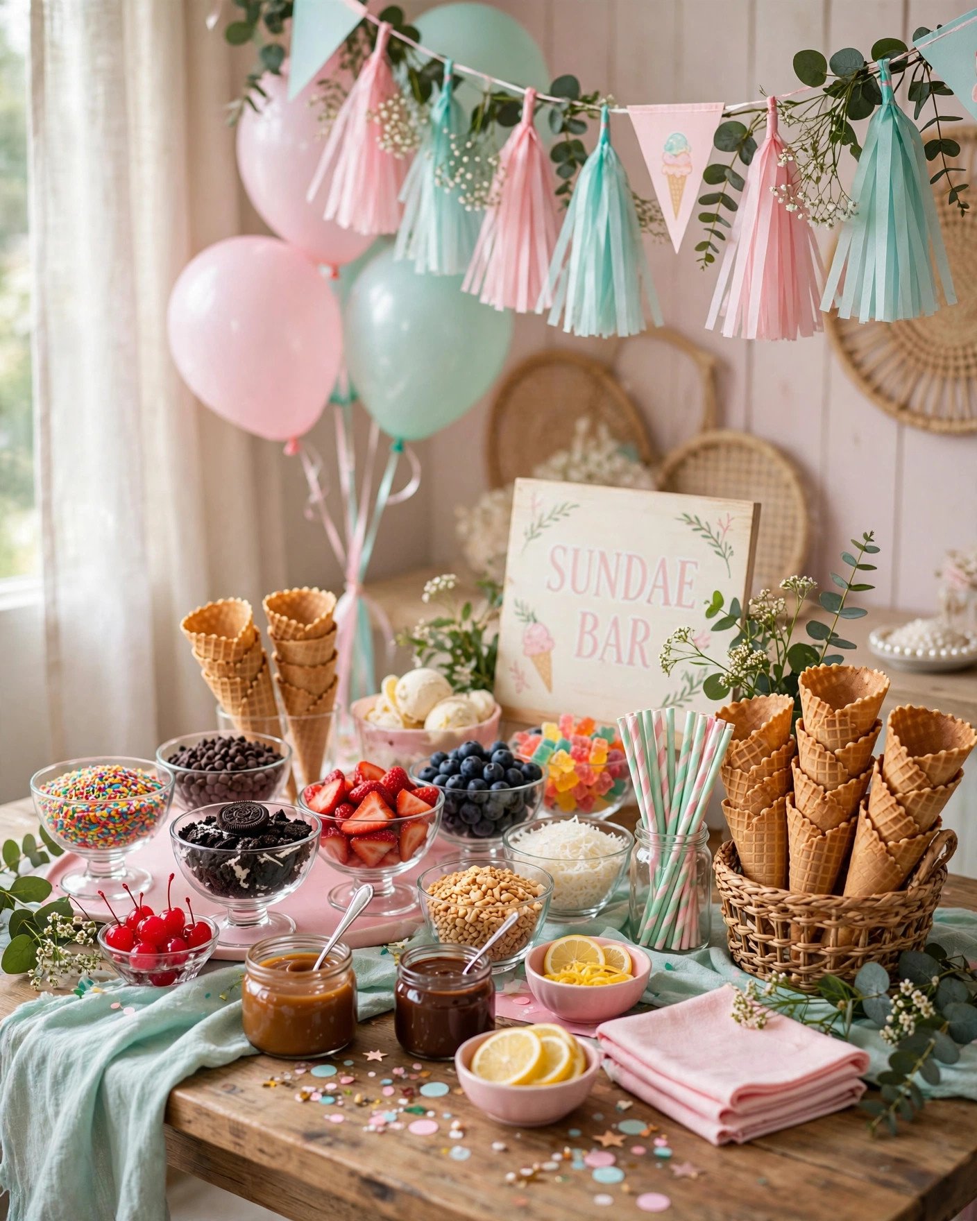 Ice cream sundae bar bridal shower with colorful toppings and cones