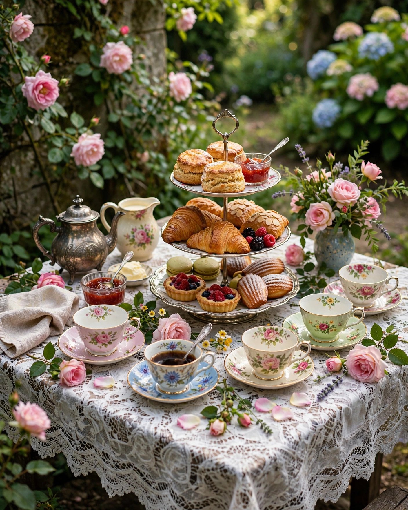 Vintage garden tea party bridal shower with teacups tiered trays and flowers