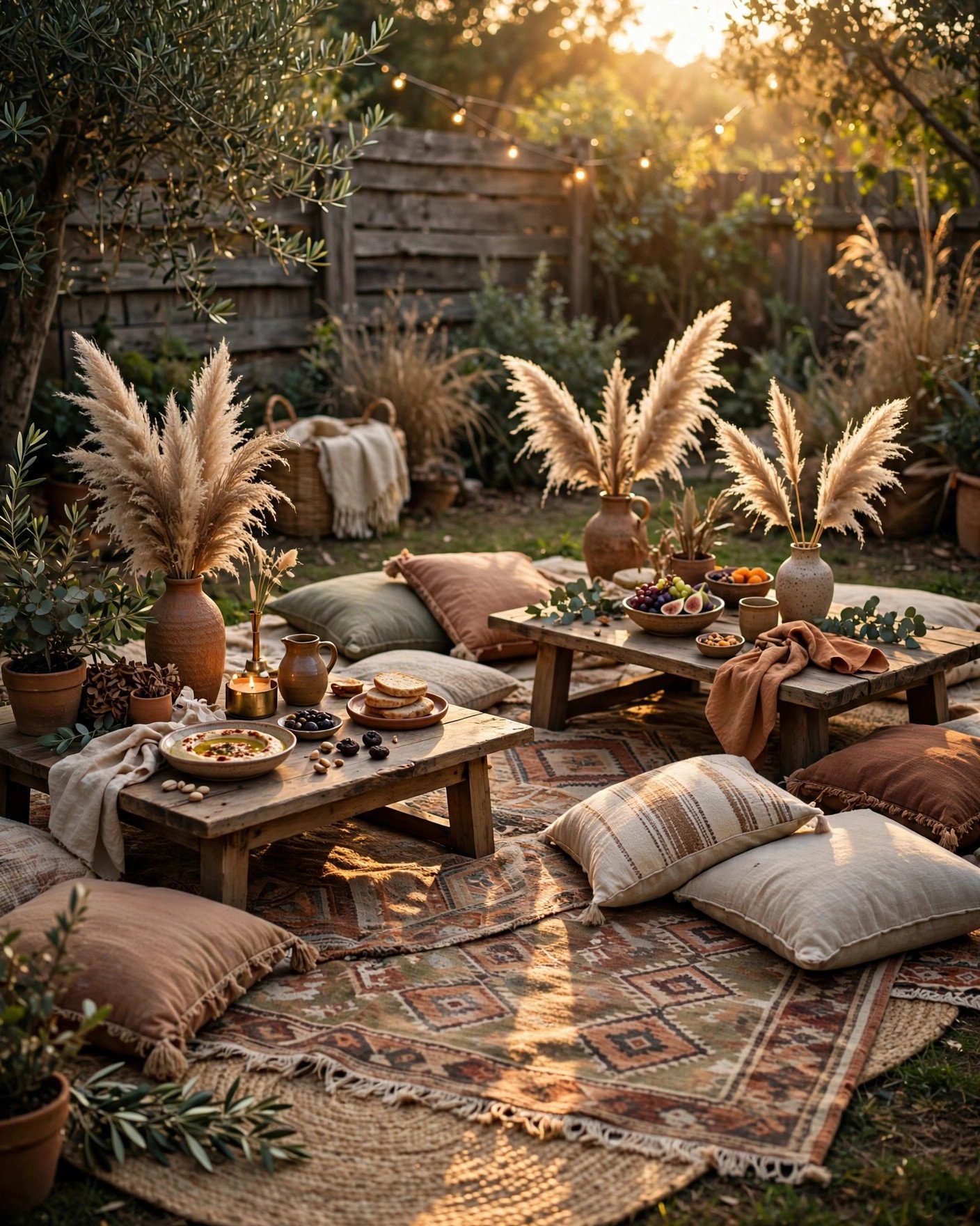 Boho backyard picnic bridal shower with low tables rugs and cushions