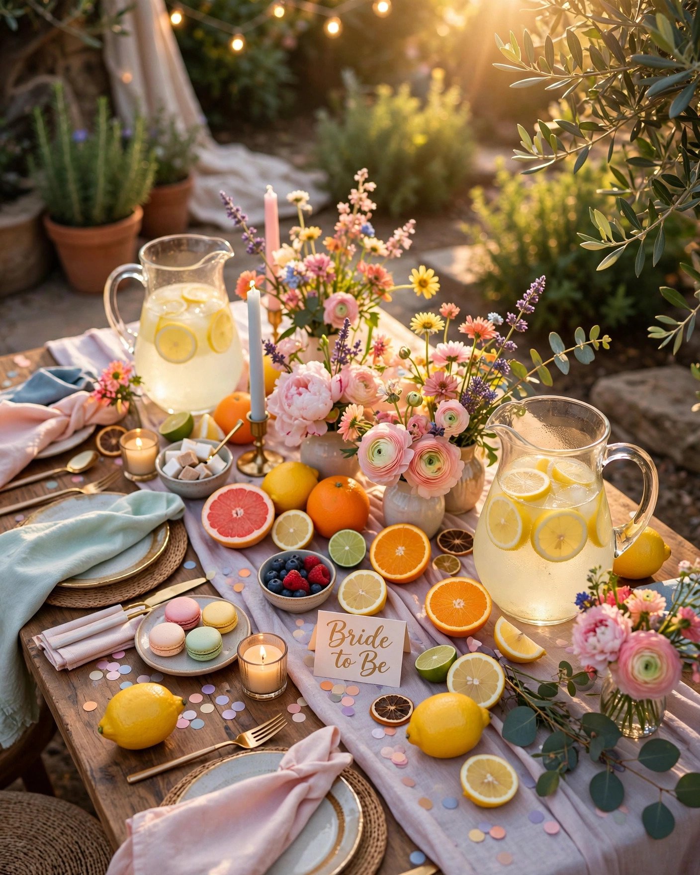 Sunny summer bridal shower setup with citrus decor, lemonade and flowers