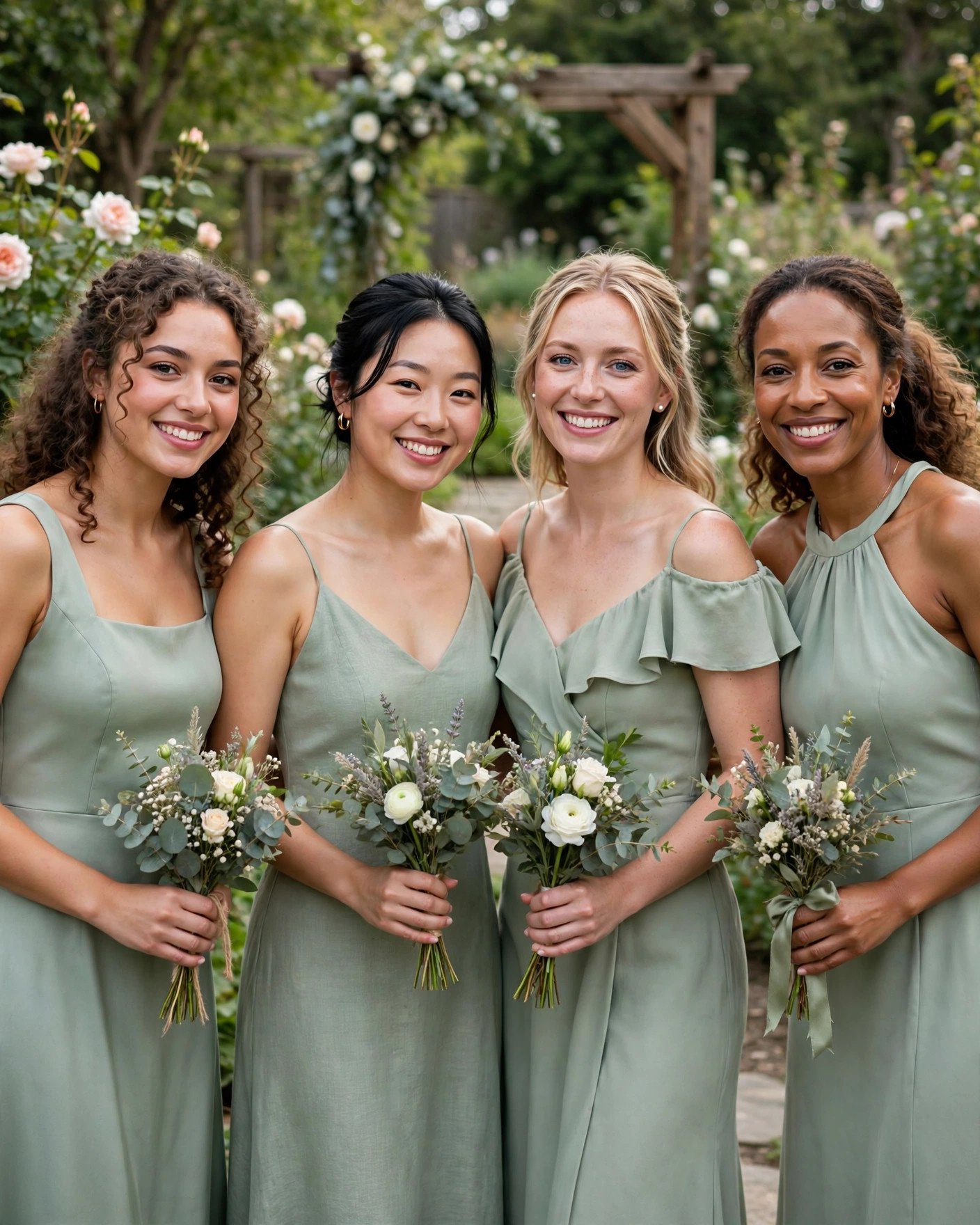Bridesmaids in soft sage green dresses with different necklines at a garden wedding