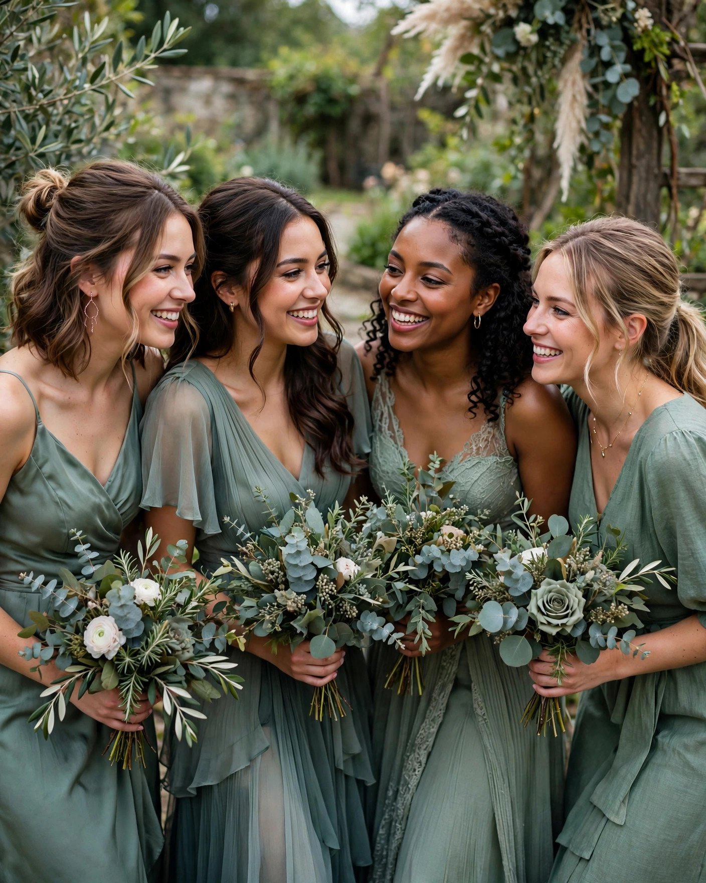 Bridesmaids in eucalyptus and dusty green dresses with layered tones