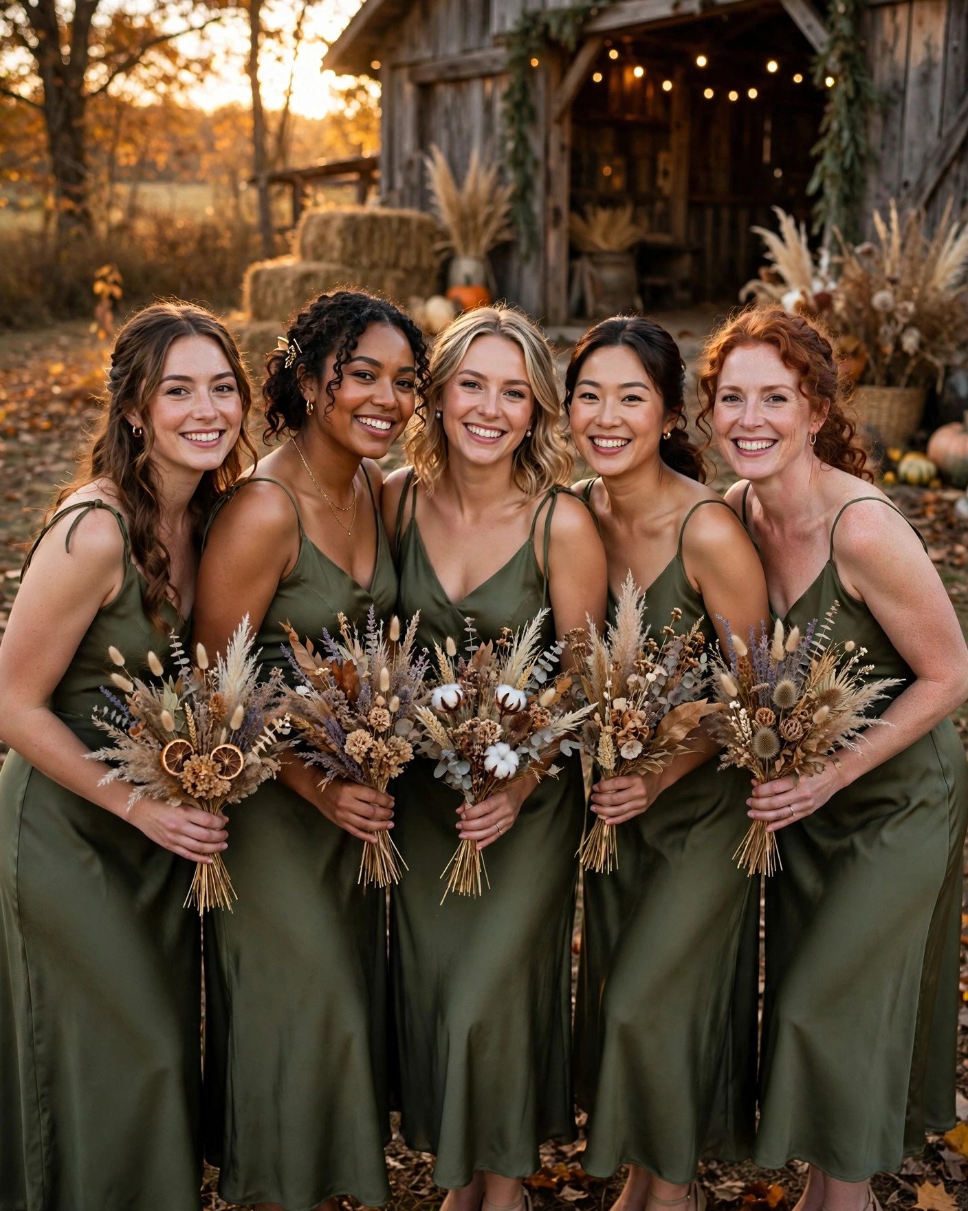 Bridesmaids in olive green dresses at a rustic barn wedding