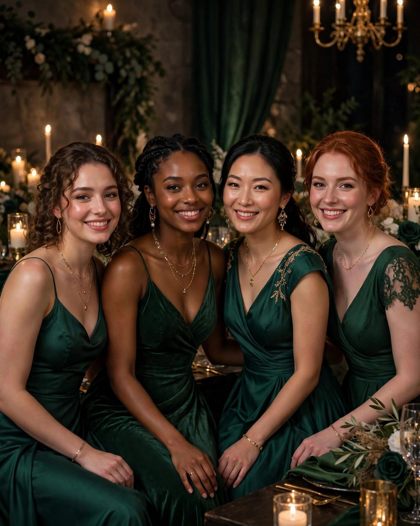 Bridesmaids in emerald and forest green evening dresses with gold accessories