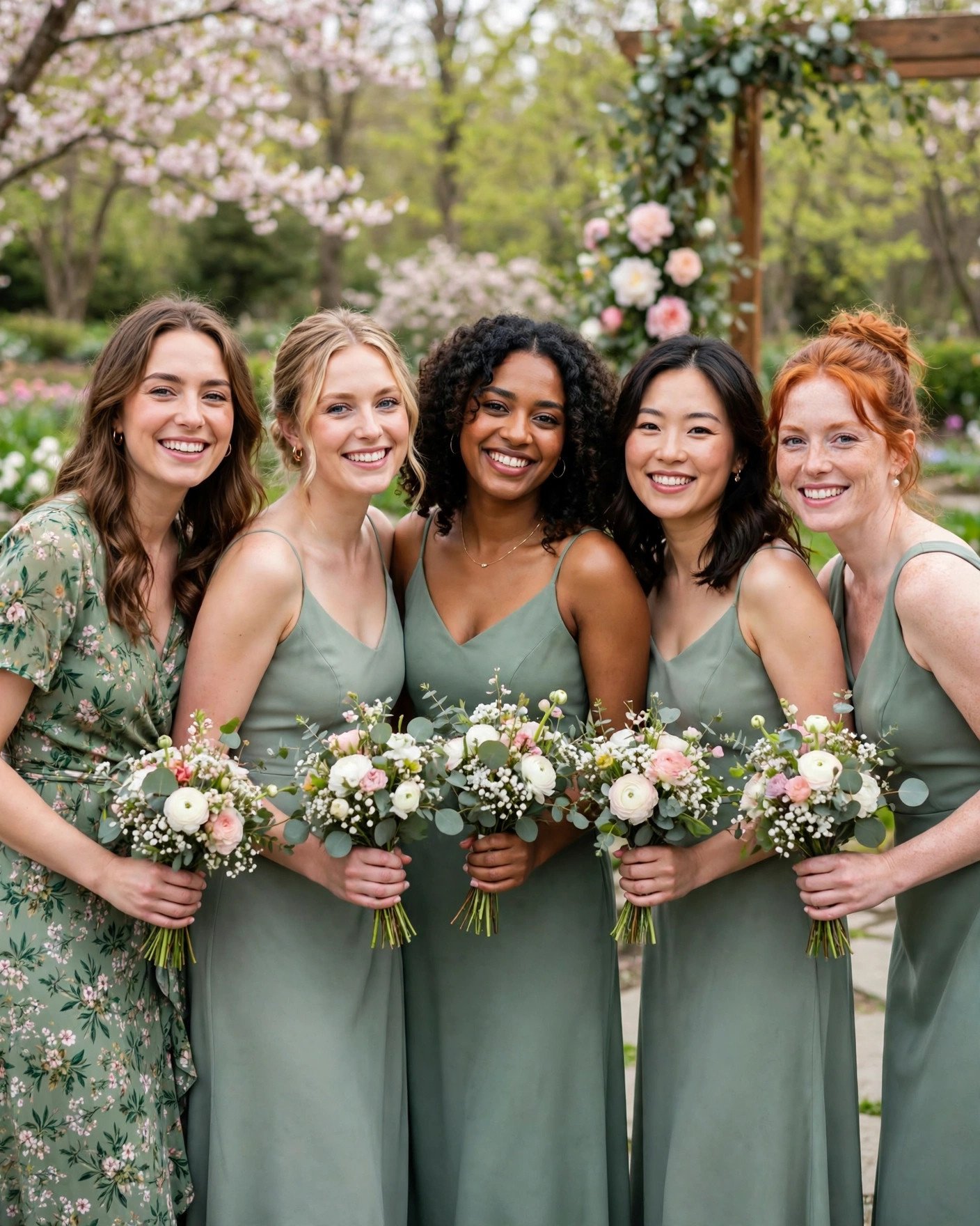 Bridesmaids with one green floral print dress among solid green dresses