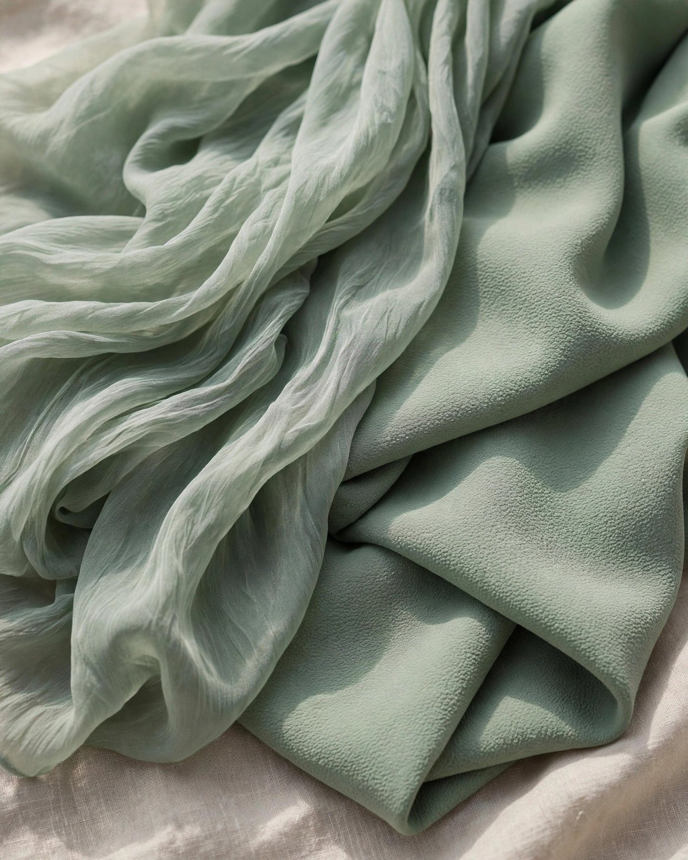 Close-up of mismatched green bridesmaid dresses showing matching matte chiffon fabric